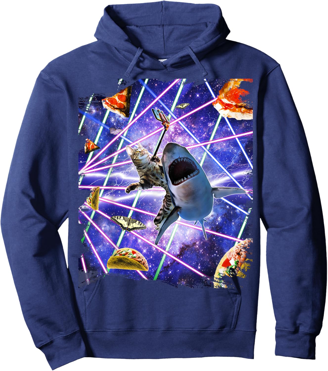 Selfie Cat Riding Shark, Space Rave, Pizza Taco Butterfly Hoodie - Hoodie | Navy
