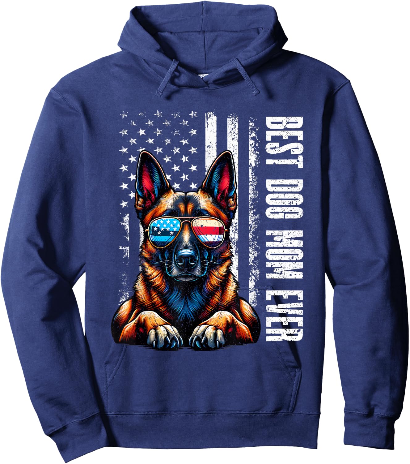 Vintage Best Dog Mom Ever Belgian Malinois Dog American Flag Hoodie - Hoodie | Navy