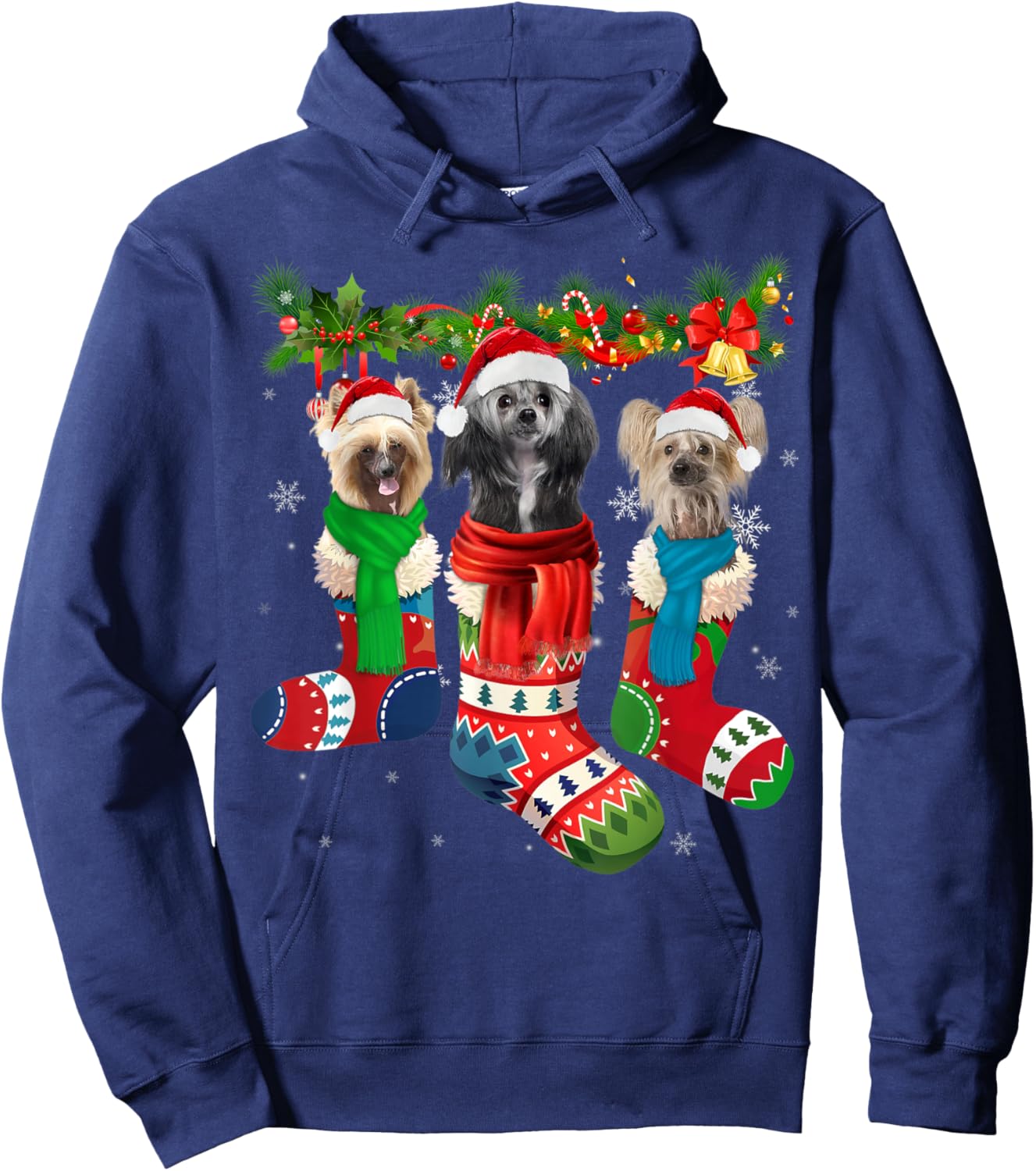 Three Chinese Crested Dogs In Christmas Socks Hoodie - Hoodie | Navy