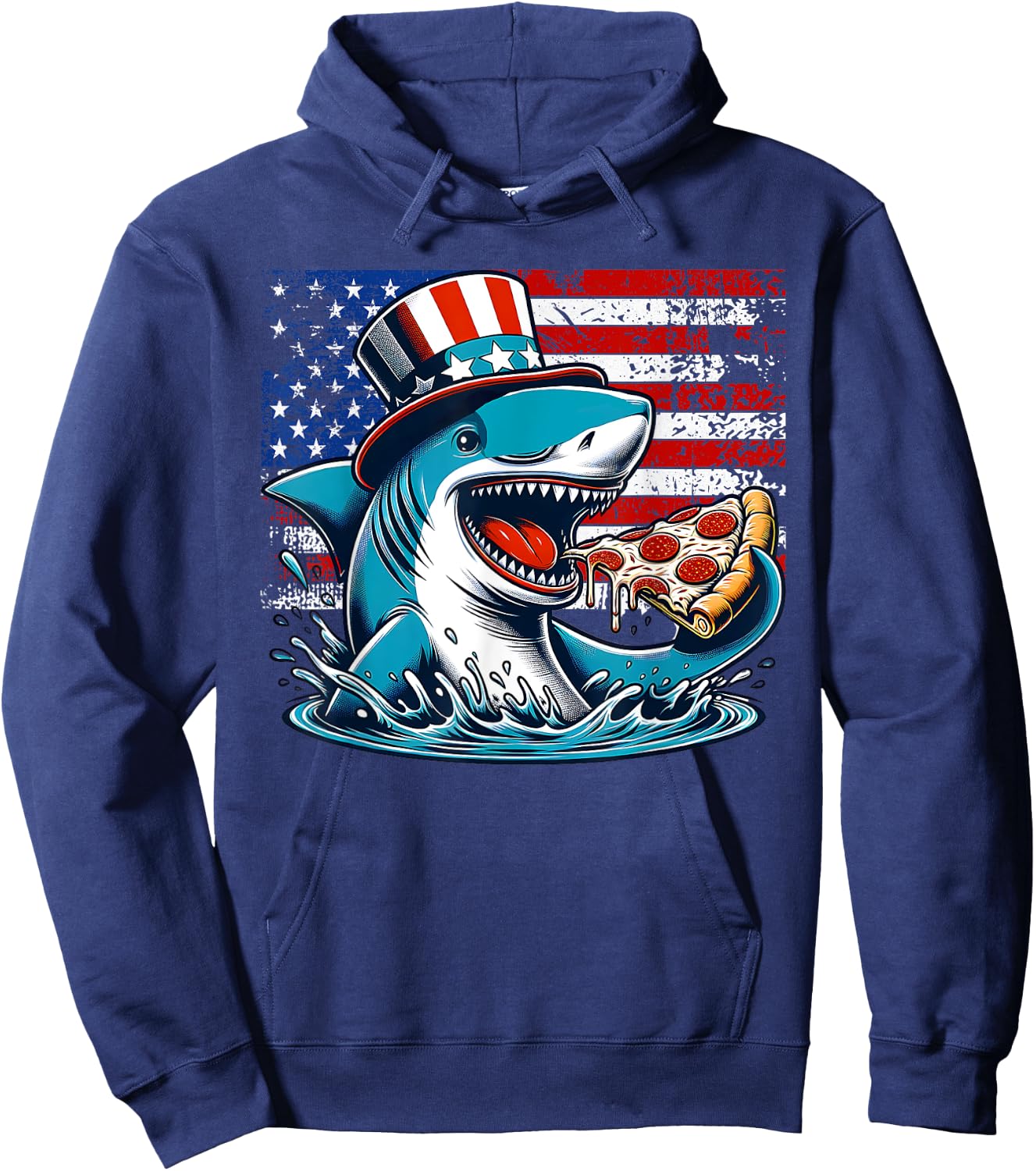 Funny Shark Eating Pizza 4th of July Shark with USA Flag Hoodie - Hoodie | Navy
