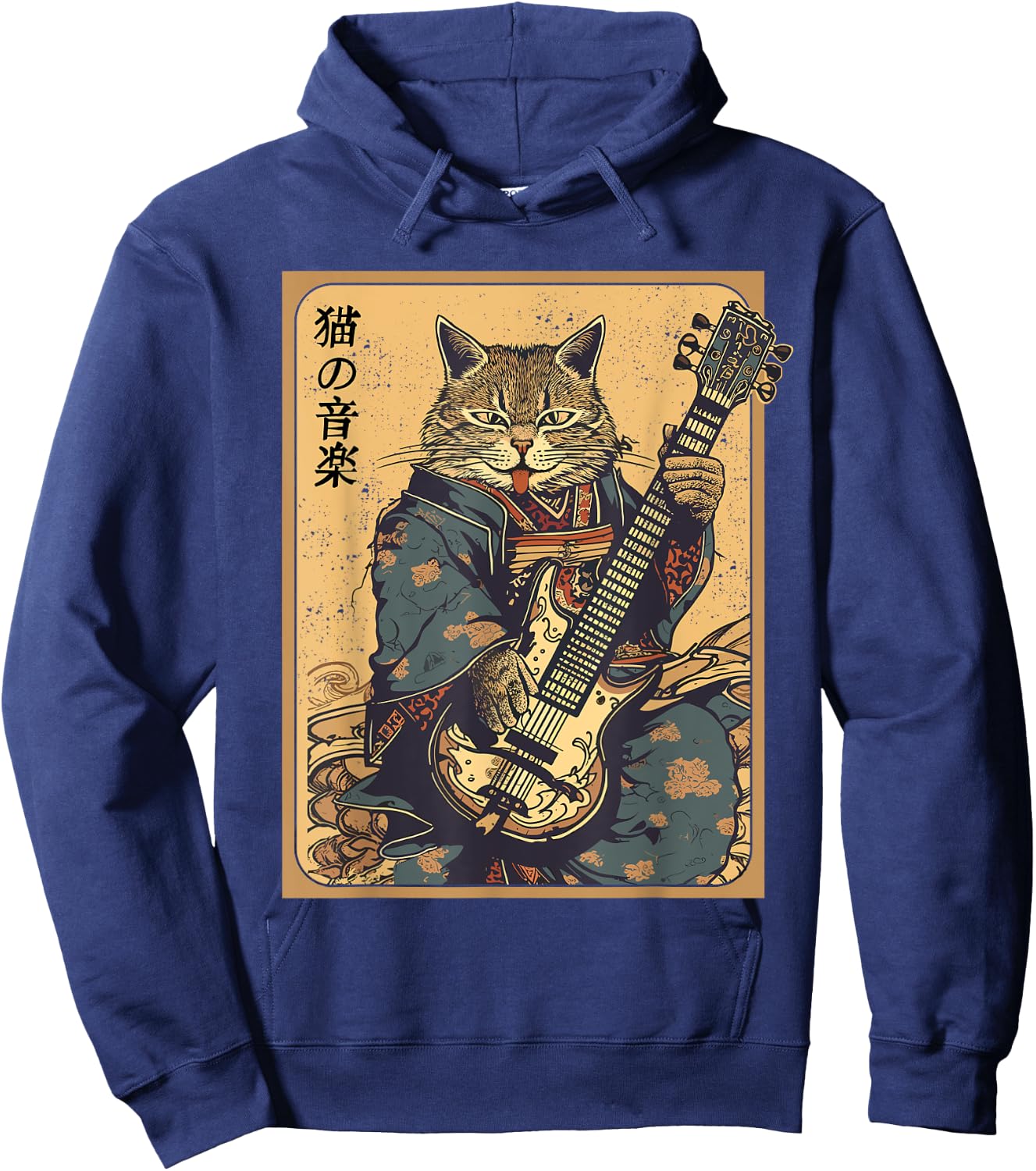 Japanese Samurai Cat Playing The Electric Guitar, Men, Women Hoodie - Hoodie | Navy