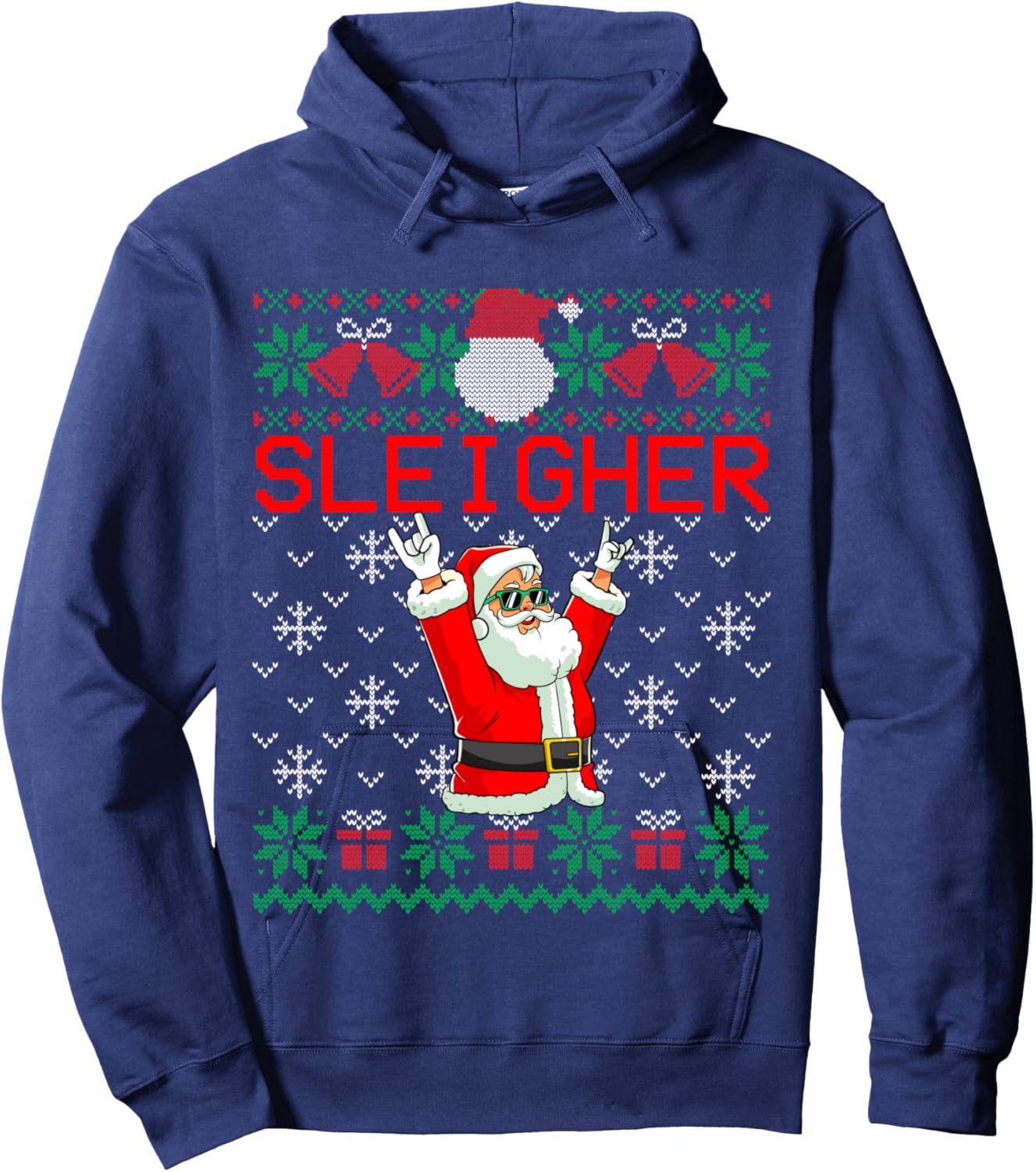 Sleigher Heavy Metal Music Hail Santa Ugly Christmas Sweater Hoodie - Hoodie | Navy