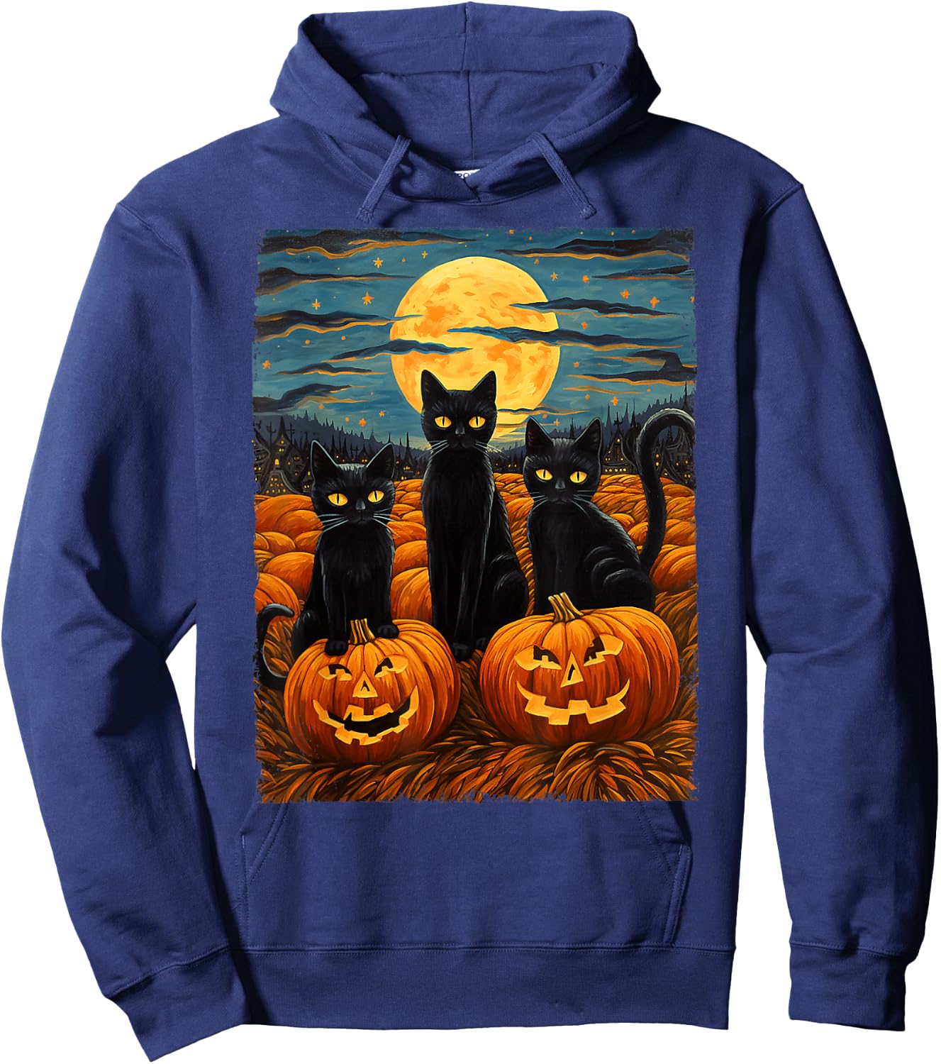 Black Cat Halloween Cat Lovers Starry Night Cat Van Gogh Cat Hoodie - Hoodie | Navy