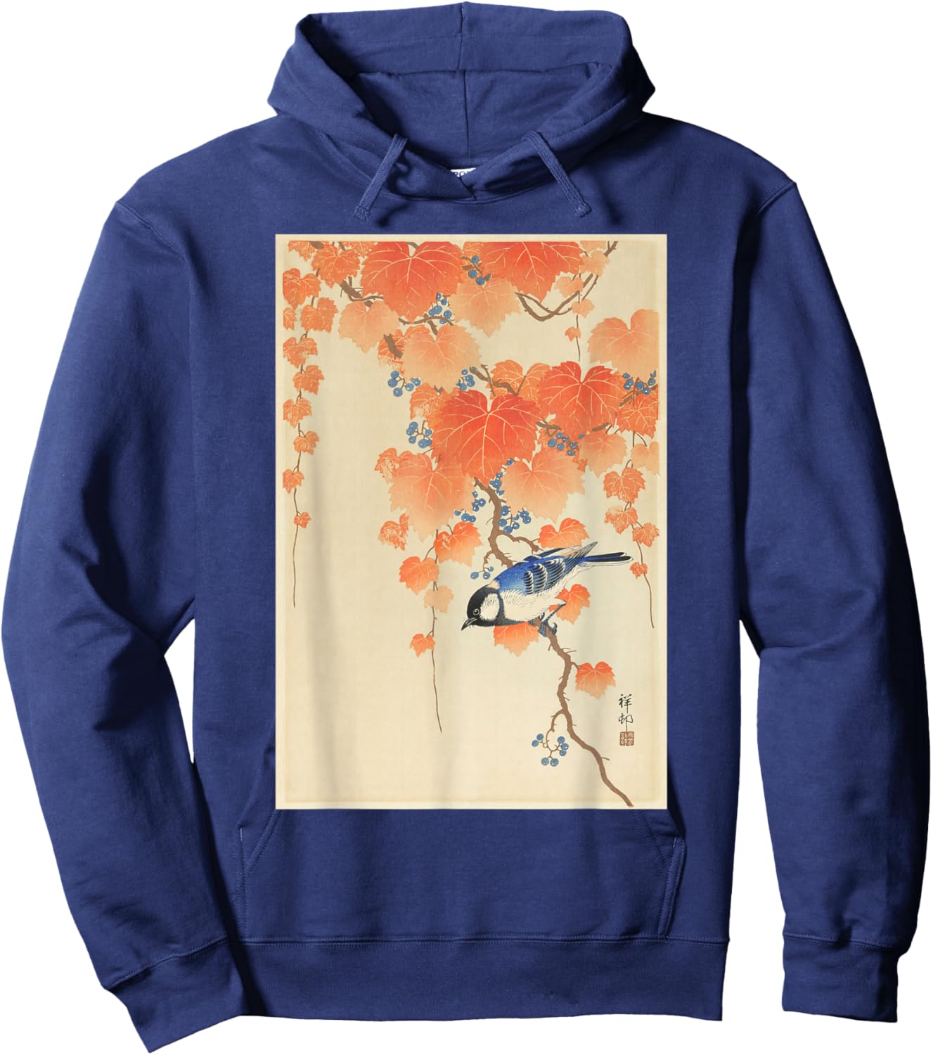 Vintage Japanese Art Naturalist Blue Song Bird Painting Hoodie - Hoodie | Navy