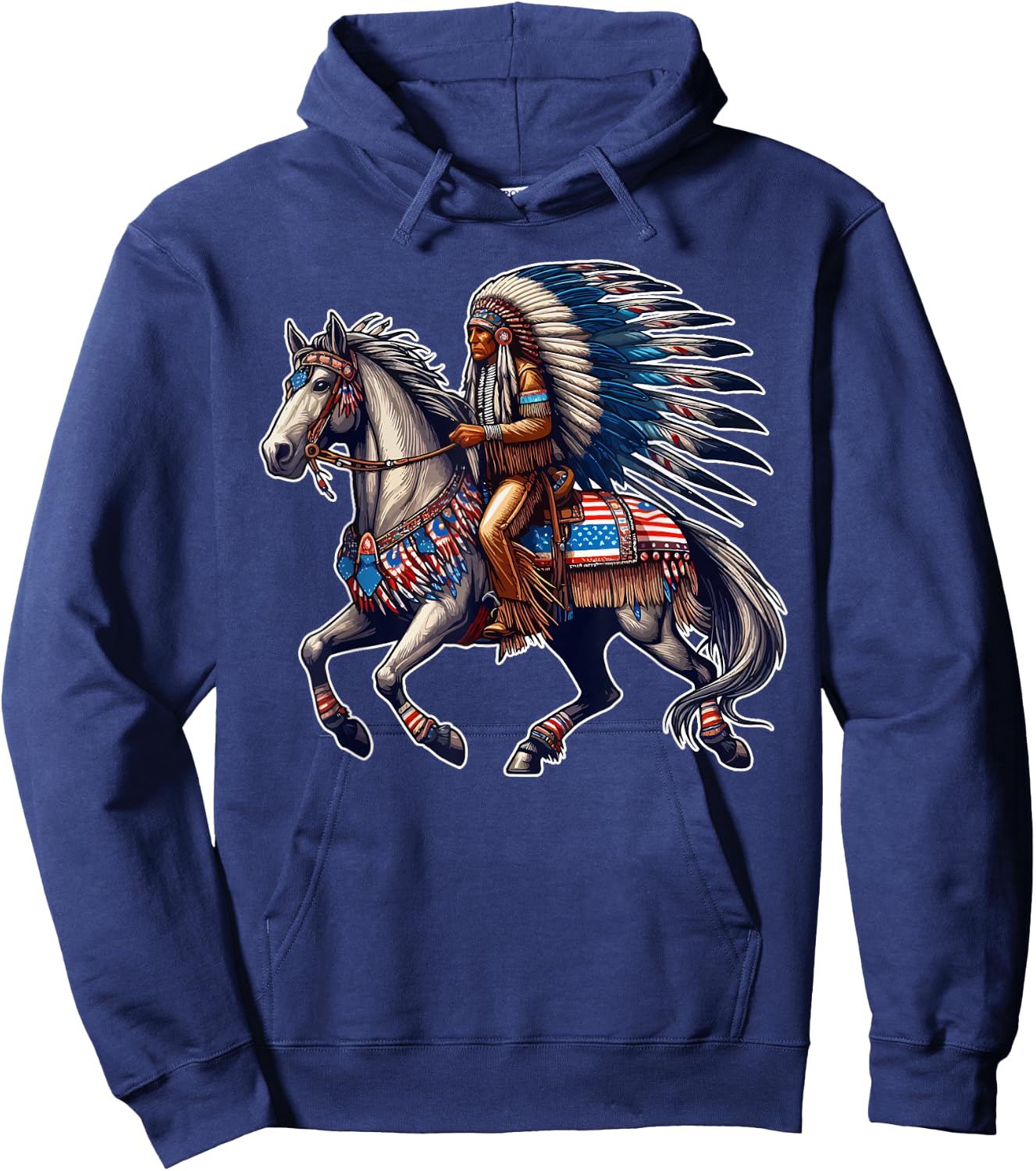 Native American Day Flag Indian Riding Horse 4th of July Kids Men Hoodie - Hoodie | Navy