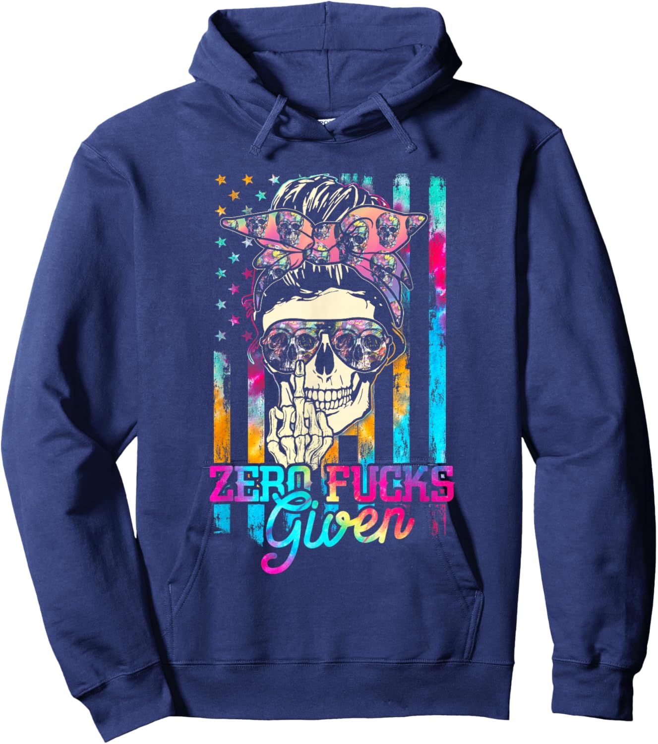 Skull Flag Skeleton Rainbow Messy Hair 0 Fucks Given Hoodie - Hoodie | Navy