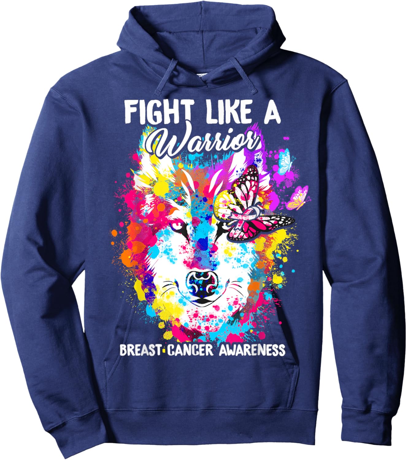 Fight Like A Warrior Breast Cancer Awareness Wolf Butterfly Hoodie - Hoodie | Navy
