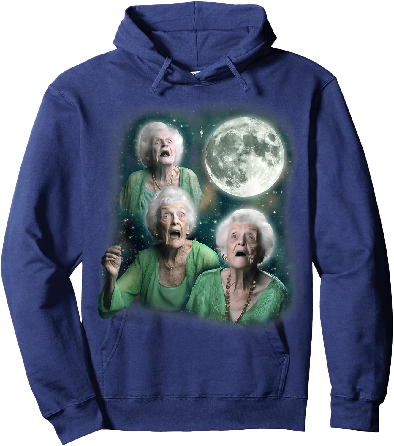 Three Granny Moon | 3 Old Ladys Howling Weird Cursed Meme Hoodie - Hoodie | Navy