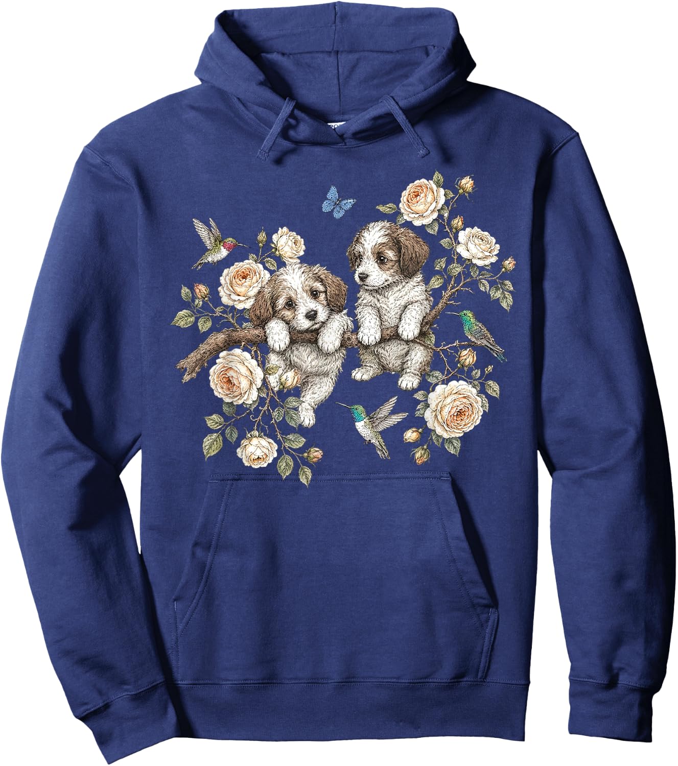 Vintage Puppy Floral Bird Nature Dog Mom Animal Dog Lover Hoodie - Hoodie | Navy