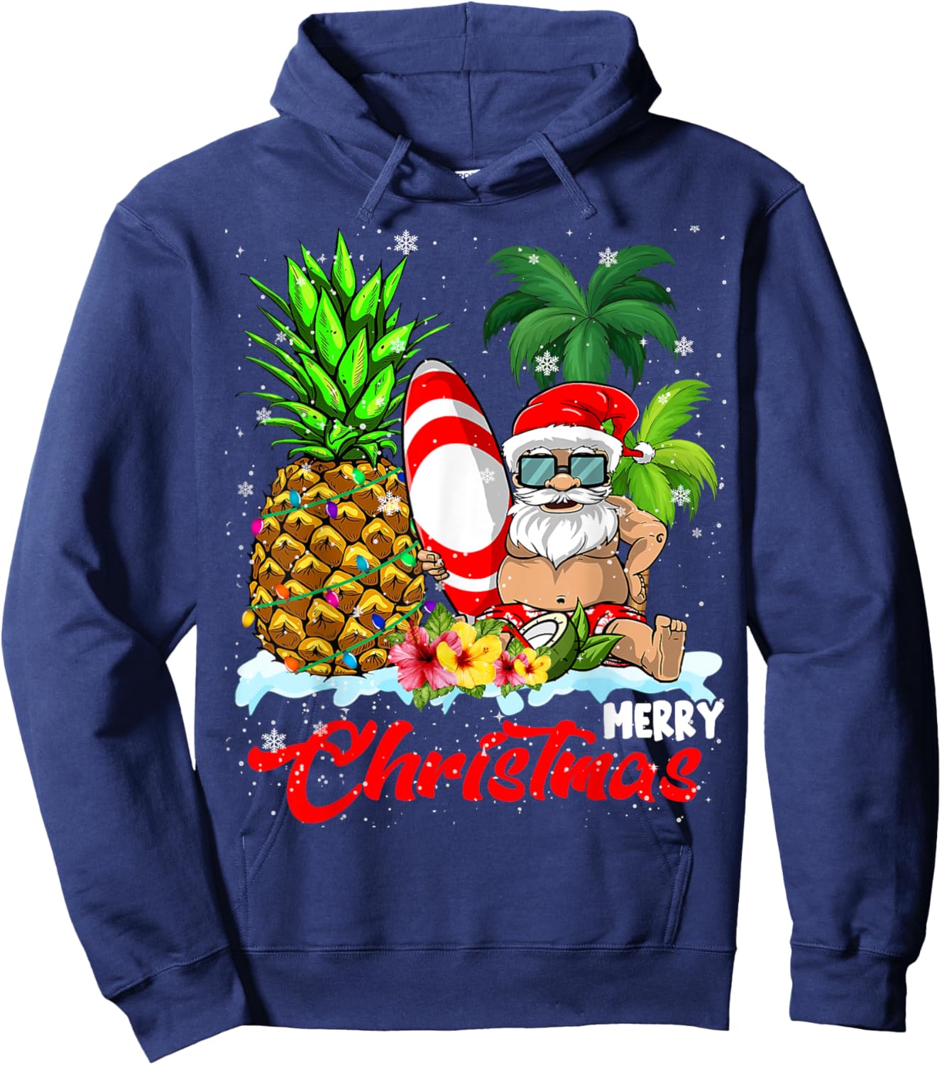 Merry Christmas Xmas Lights Santa Surfing Hawaiian Pineapple Hoodie - Hoodie | Navy