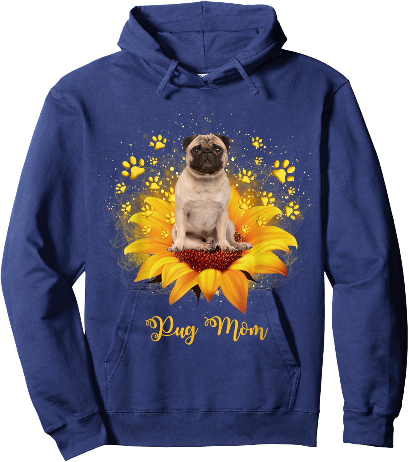 Pug Mom Sunflower With Dog Paw Mother's Day Hoodie - Hoodie | Navy