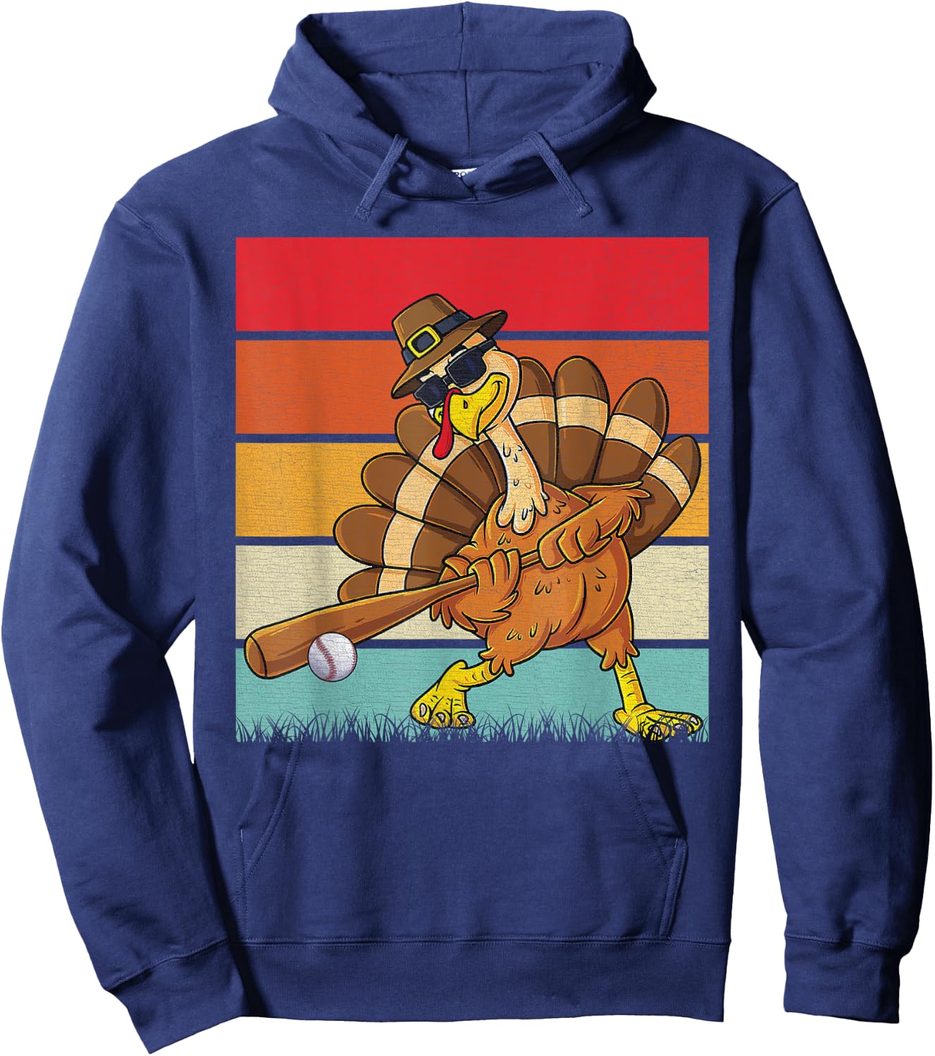Retro Turkey & Baseball Ball Autumn Fall Vibes Thanksgiving Hoodie - Hoodie | Navy