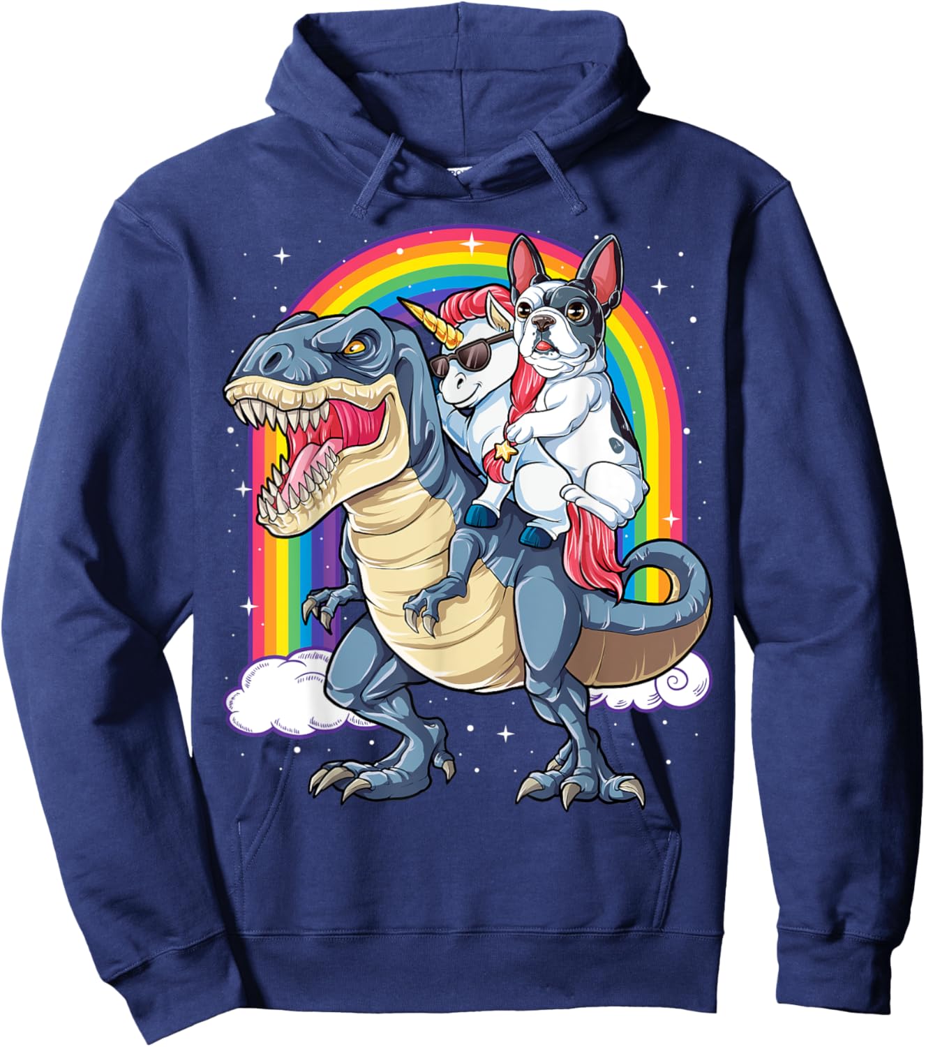 French Bulldog Unicorn Riding Dinosaur T rex Gifts Girls Hoodie - Hoodie | Navy