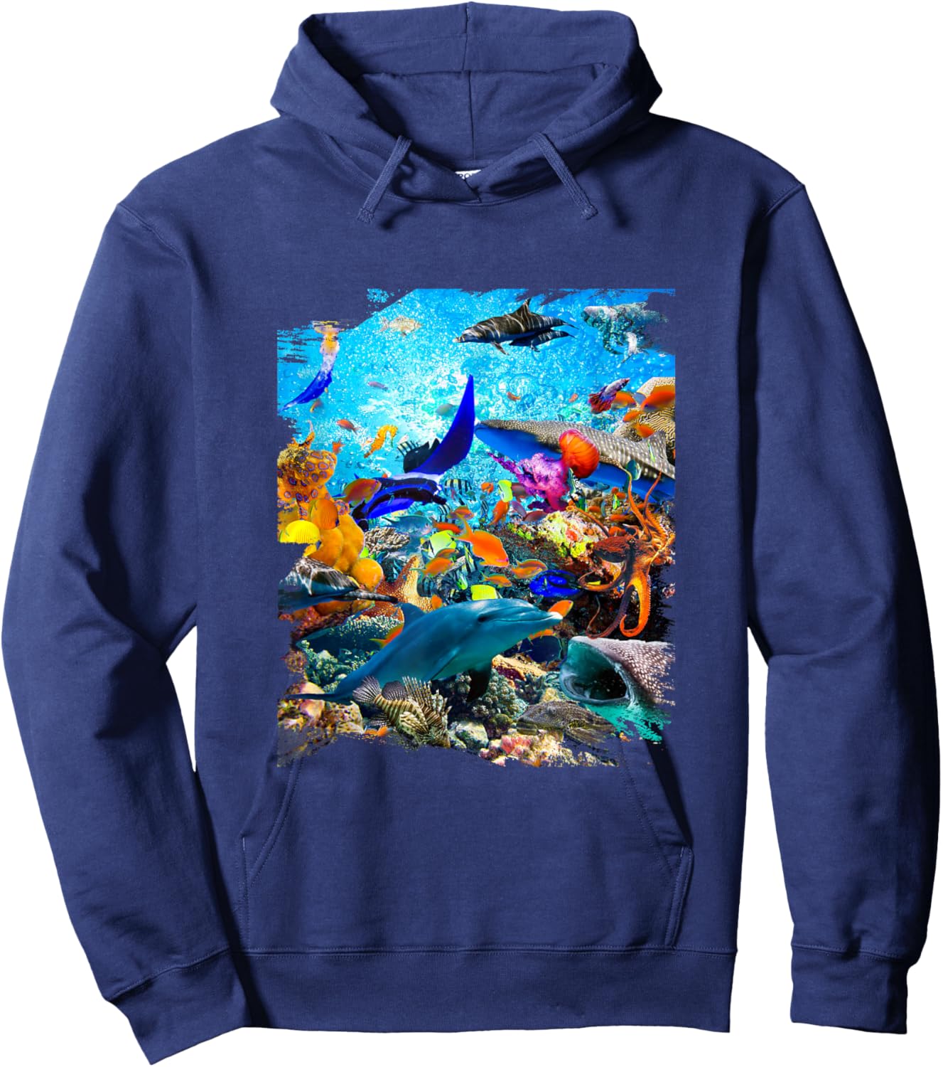 Ocean Dolphin Shark Turtle Coral Sea Fish Orca Whale Reef Hoodie - Hoodie | Navy