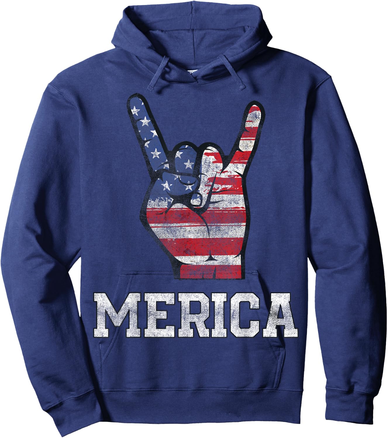 Merica Rock Sign 4th of July Vintage American Flag Retro USA Hoodie - Hoodie | Navy