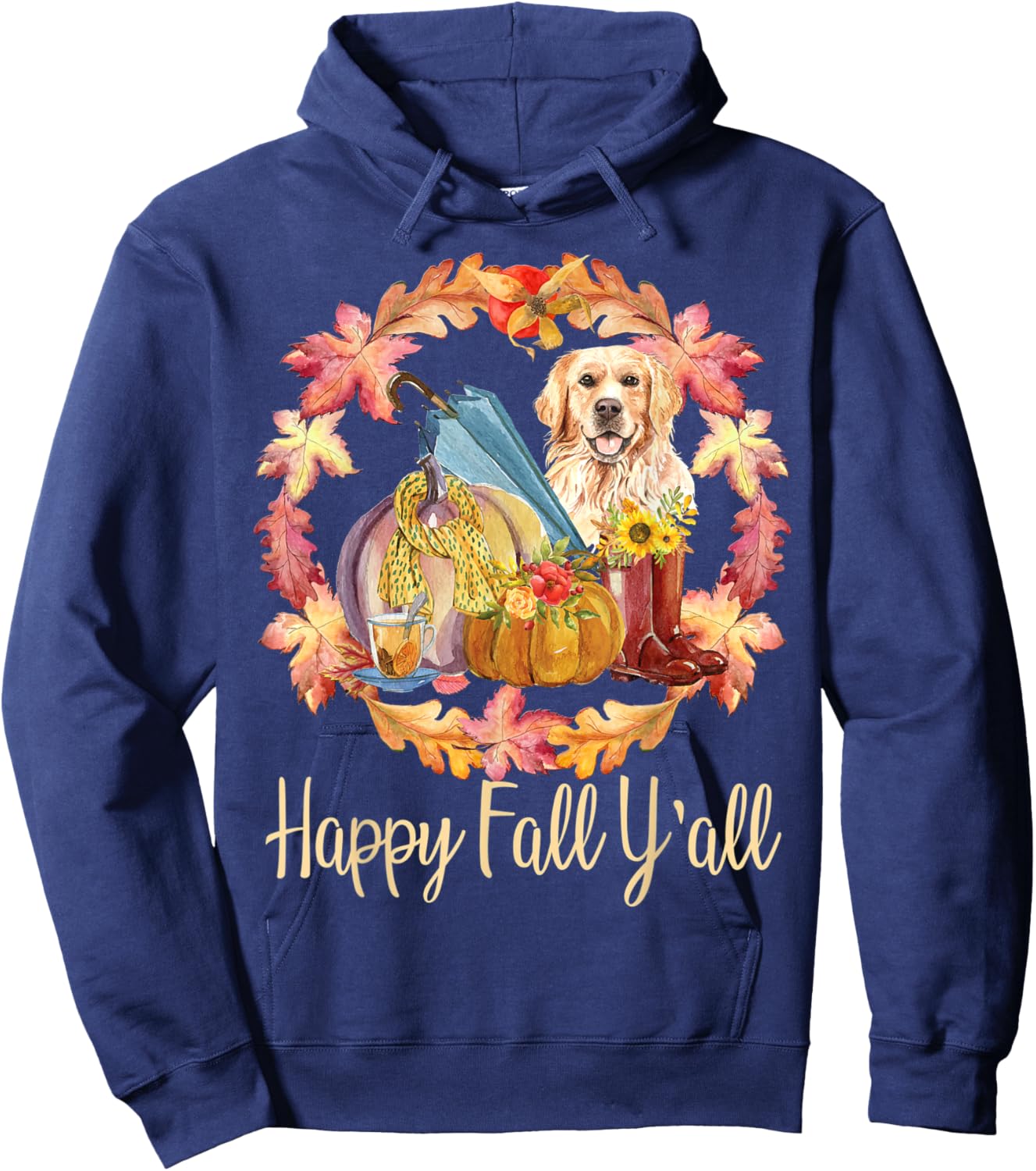 Cute Autumn Fall Dog Lover Golden Retriever Happy Fall Y'all Hoodie - Hoodie | Navy