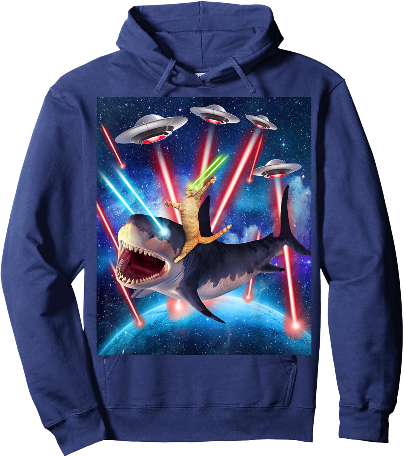 Space Cat Riding Shark Laser Eyes UFO Funny Kitty Cat Women Girls Kids Hoodie - Hoodie | Navy