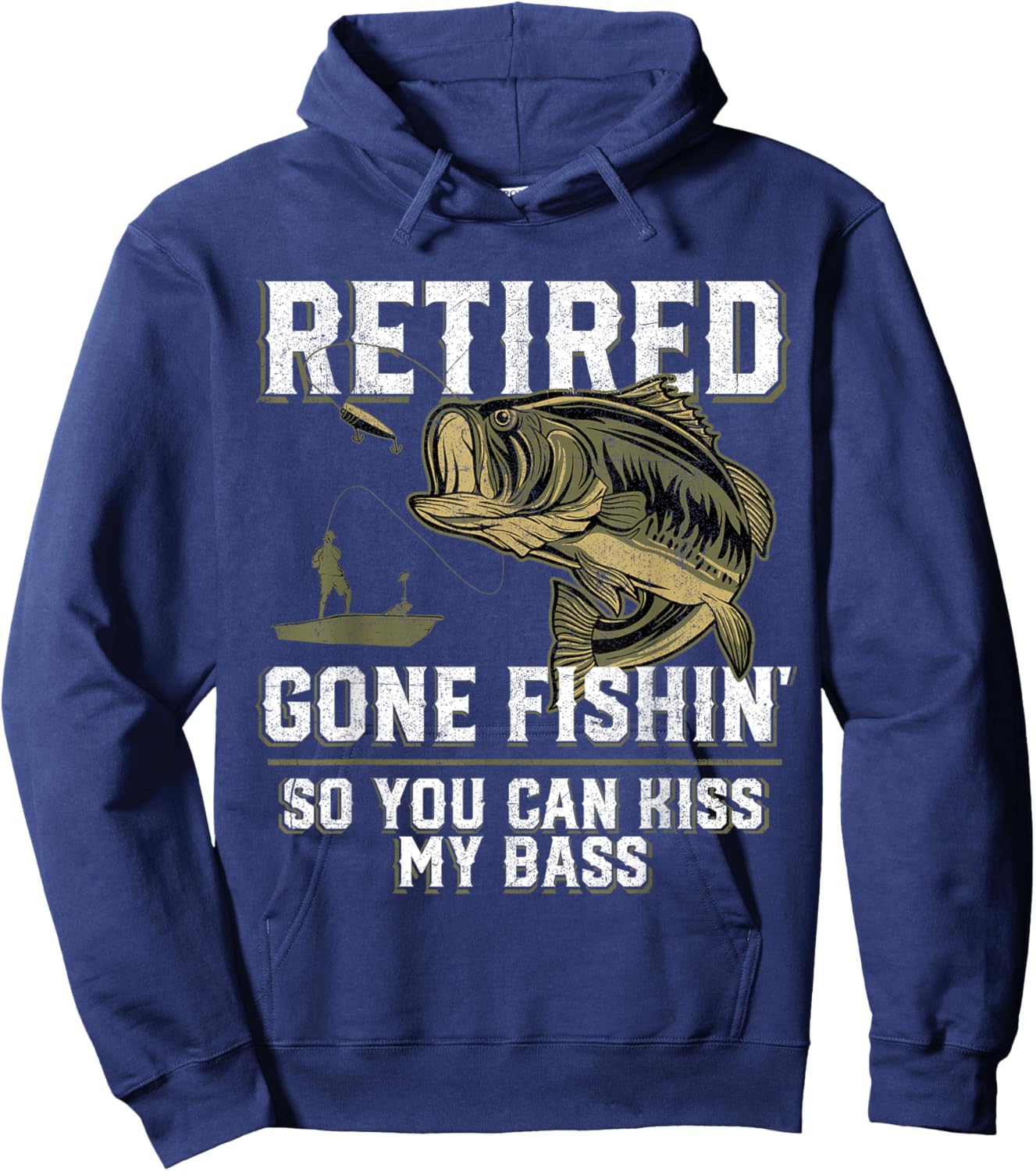 Funny Bass Fishing Shirts & Gifts Retired Gone Fishin' Adult Humor Bass Fishing Black Medium Hoodie - Hoodie | Navy