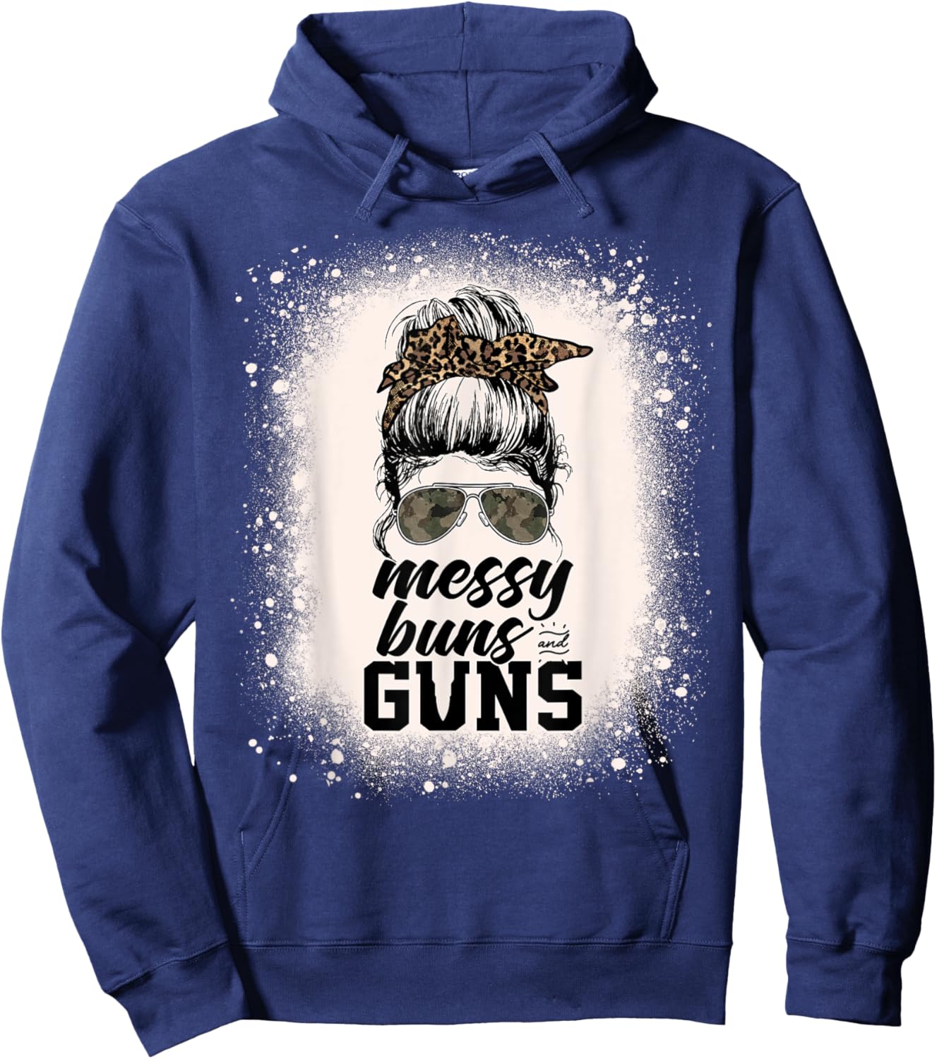 Messy Buns And Guns Leopard Camo Women Messy Bun Bleached Hoodie - Hoodie | Navy