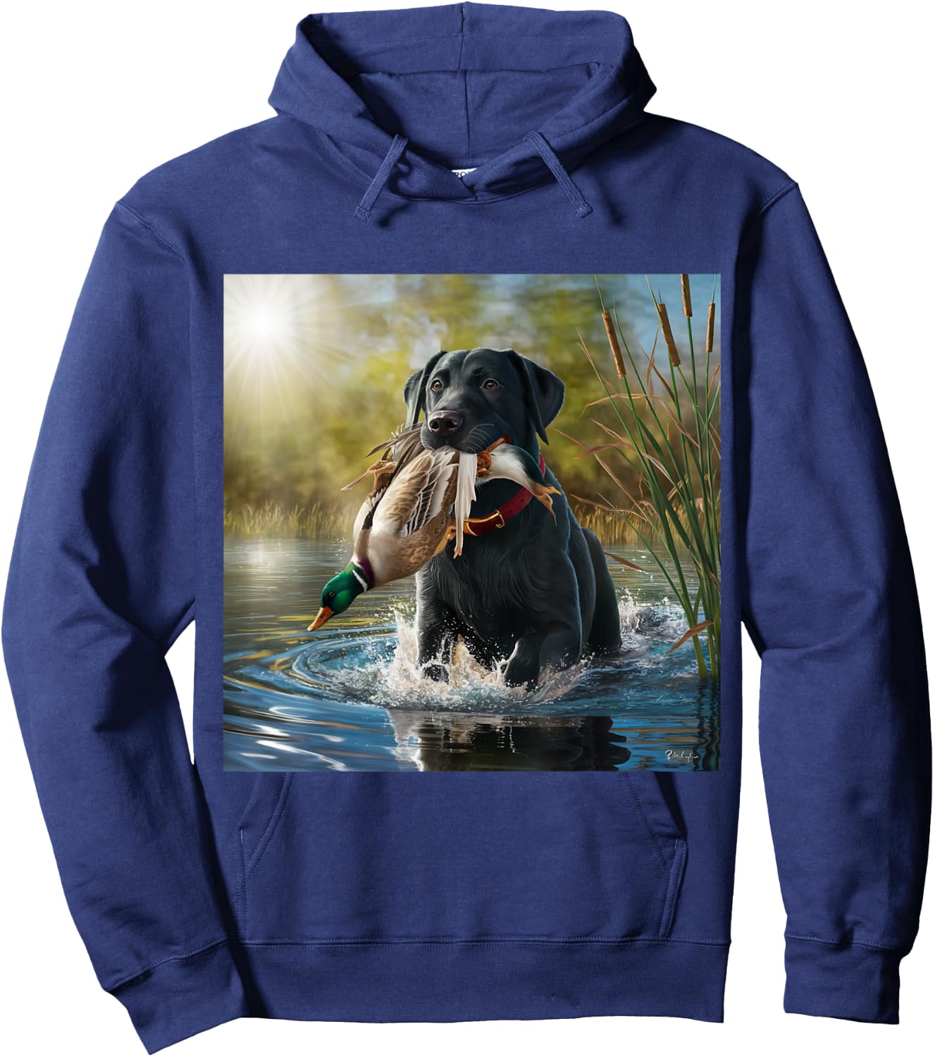 Black Labrador Retriever dog hunting ducks in a pond. Men Women Hoodie - Hoodie | Navy