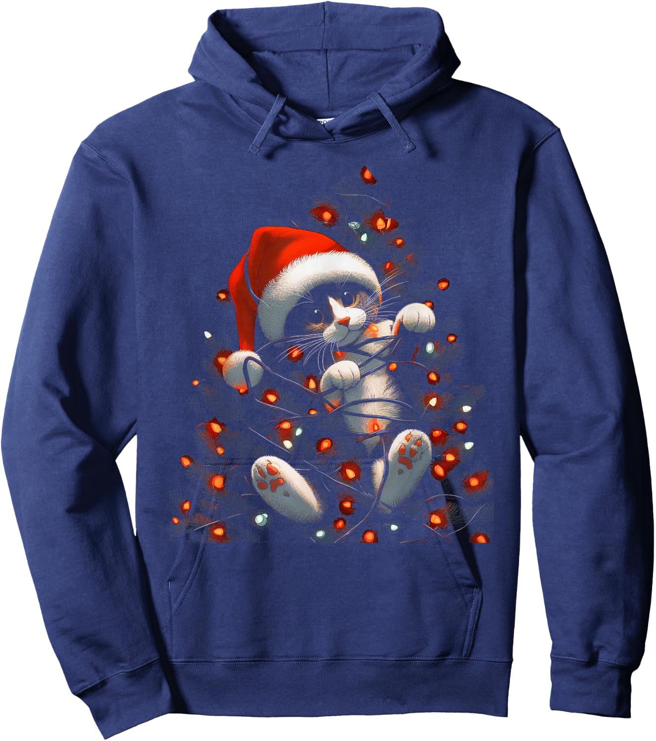 Cute Cat Tangled Up In Christmas Tree Lights Holiday Hoodie - Hoodie | Navy