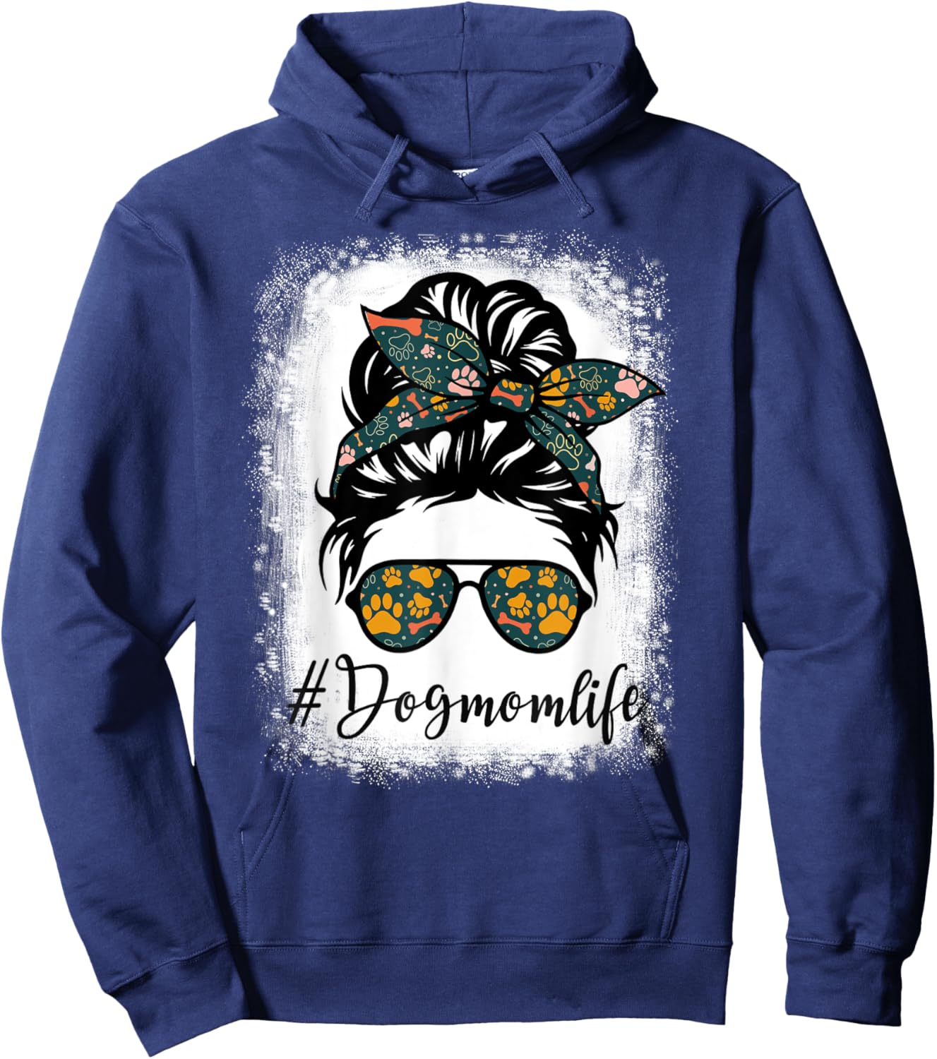 Vintage Women's Dog Mom Life Messy Bun Leopard Print Funny Animal Print - Black - Small Hoodie - Hoodie | Navy