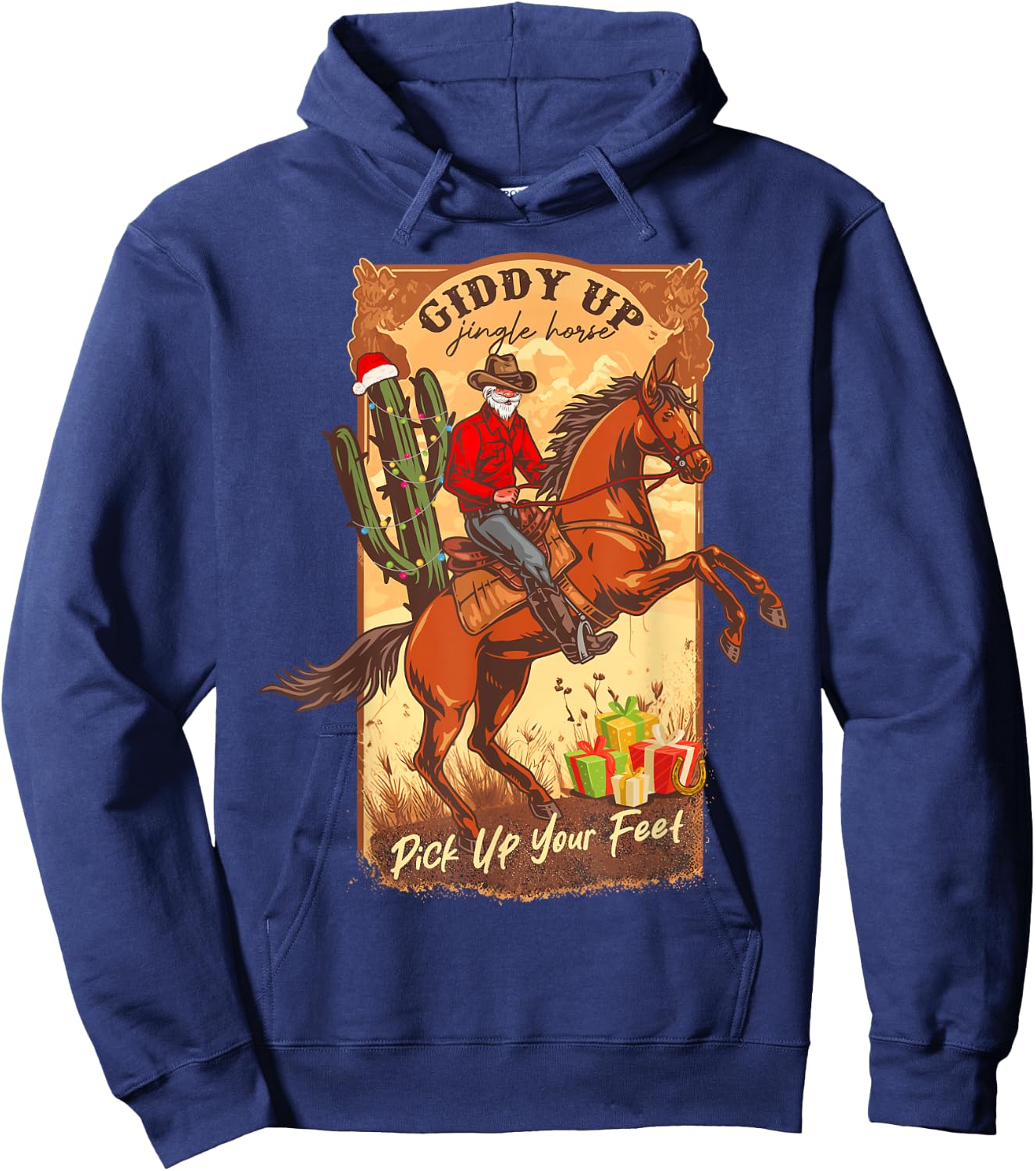 Giddy Up Jingle Horse Pick Up Your Feet Retro Western Xmas Hoodie - Hoodie | Navy