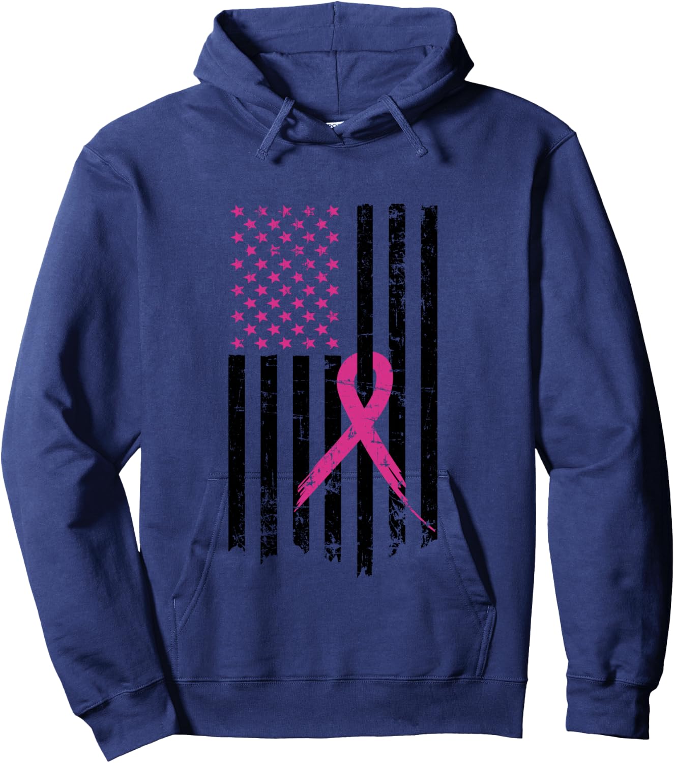 Breast Cancer Awareness Pink Ribbon American Flag Hoodie - Hoodie | Navy