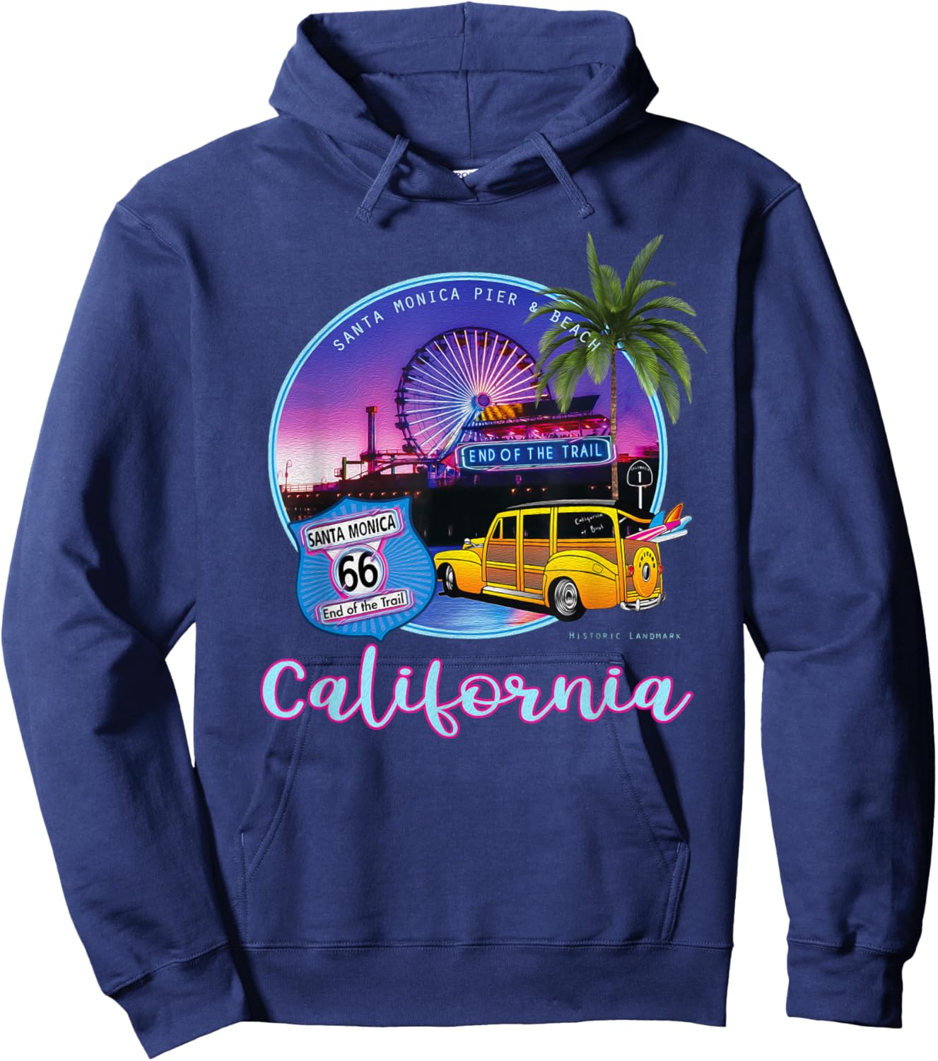 Santa Monica Pier California 66 End of The Trail Souvenir Hoodie - Hoodie | Navy