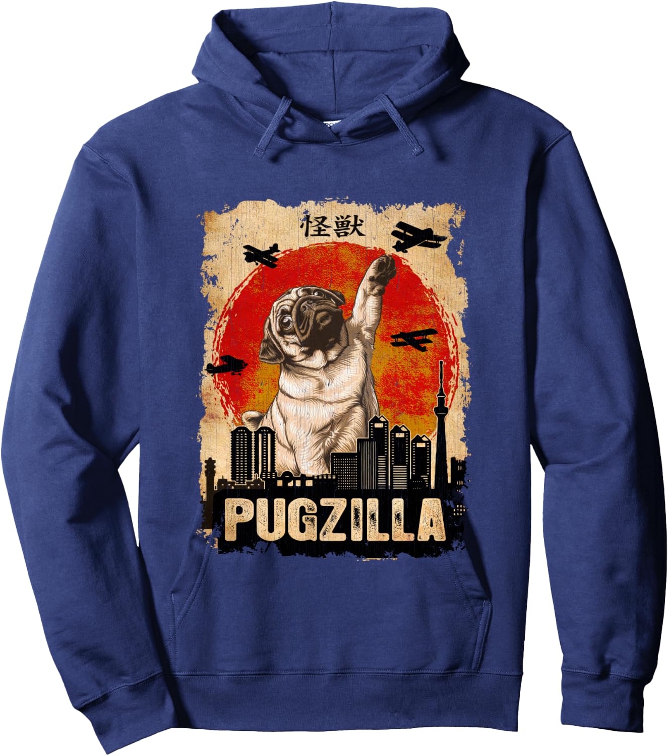 Japanese Kaiju Retro Vintage Funny Pugzilla Pug Hoodie - Hoodie | Navy