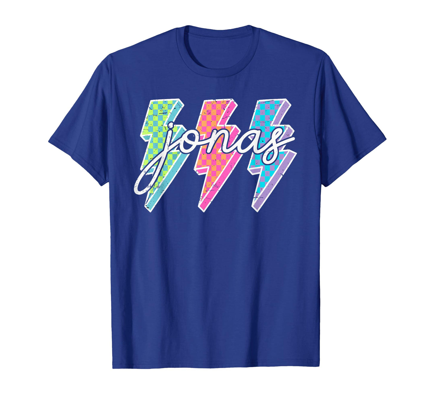 Personalized Name Jonas Lightning Bolt Checkered T-Shirt