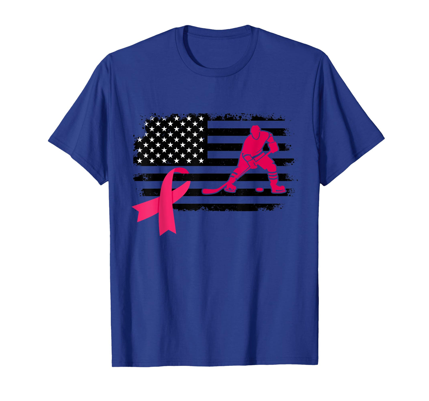 Hockey Player Pink Ribbon USA Flag Breast Cancer Awareness T-Shirt