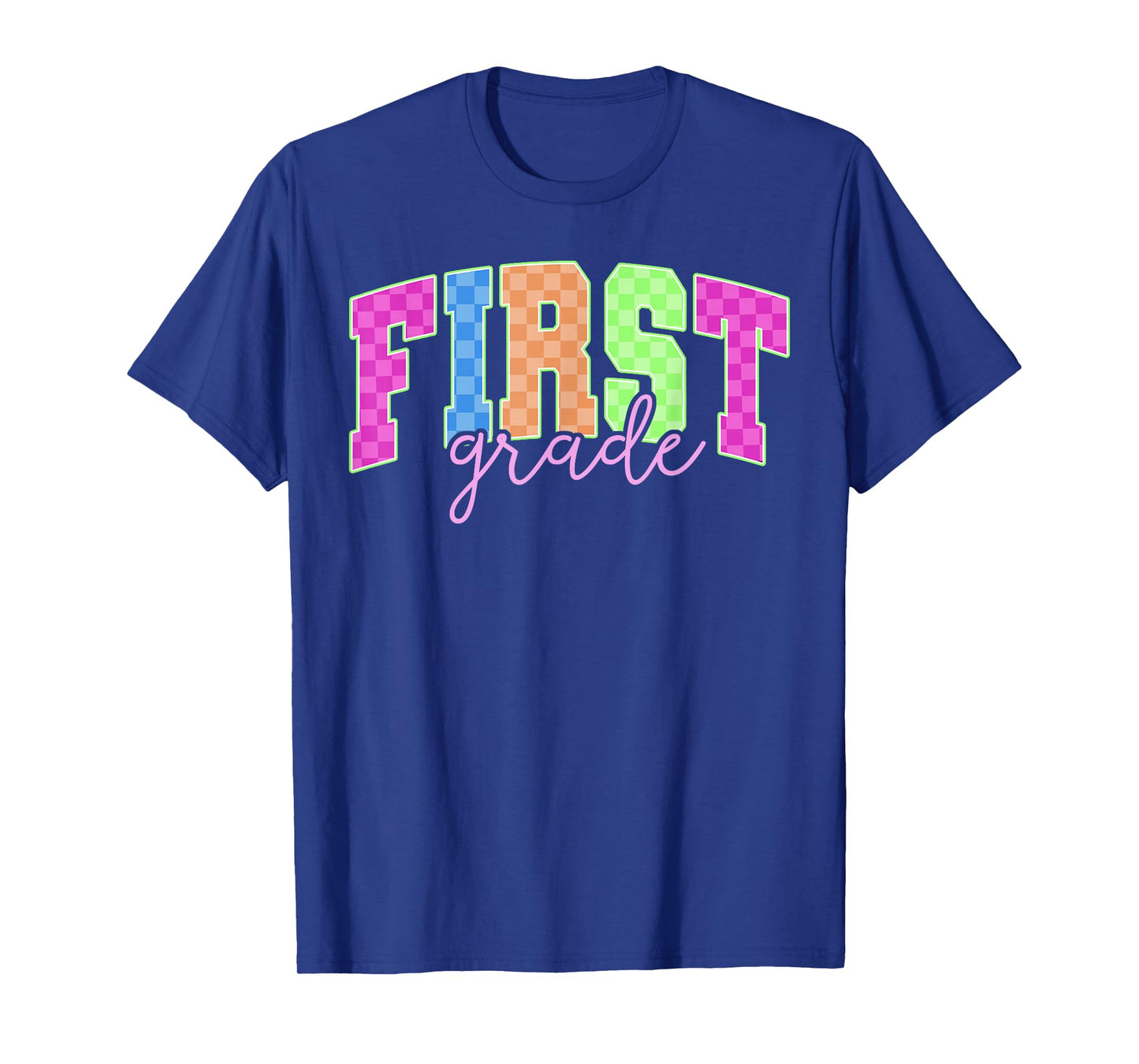 Back To School Neon Checkered First Grade, Colorful Teacher T-Shirt