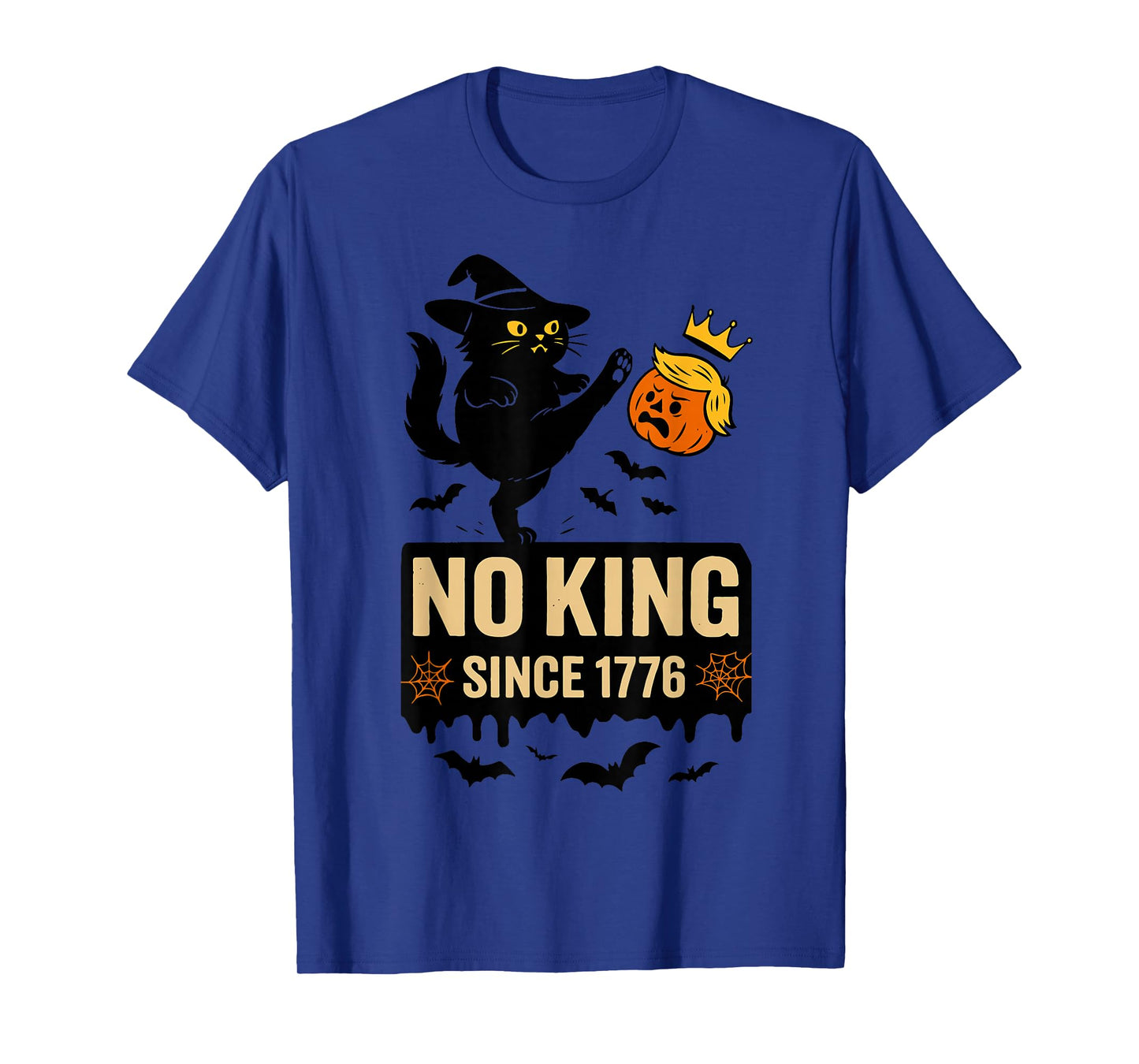 No Kings in America Since 1776 Black Cat Kicking Pumpkin T-Shirt