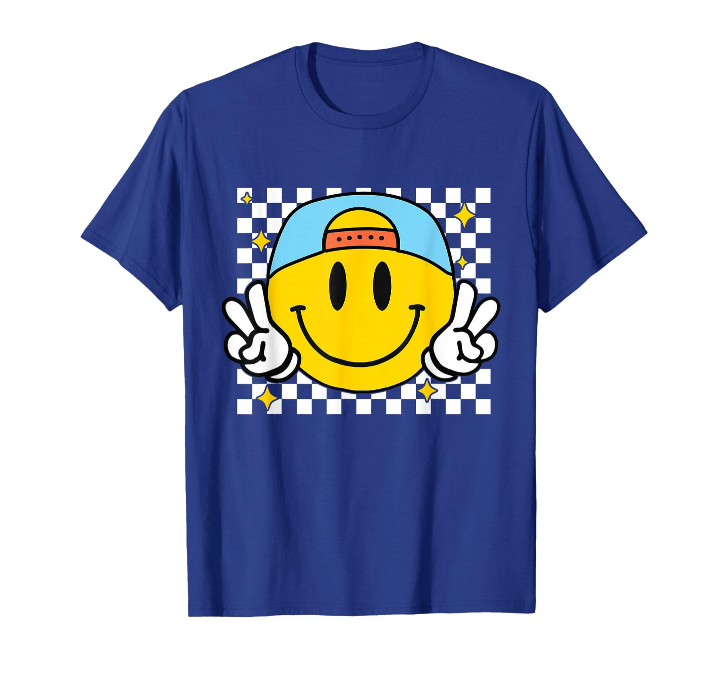 Yellow Smile Face Cute Checkered Peace Smiling Happy Face T-Shirt