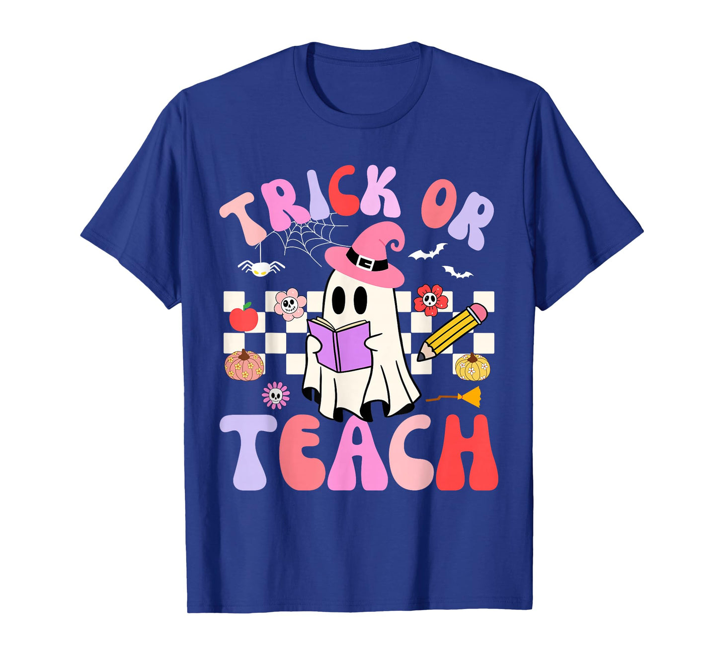 Trick Or Teach Halloween Teacher Floral Ghost Groovy T-Shirt