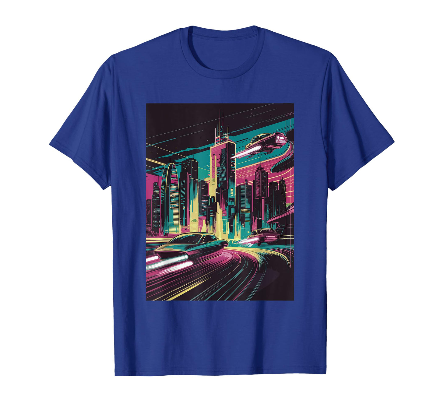 Retro Futuristic 80s sci-fi City with Flying Cars Cyberpunk T-Shirt