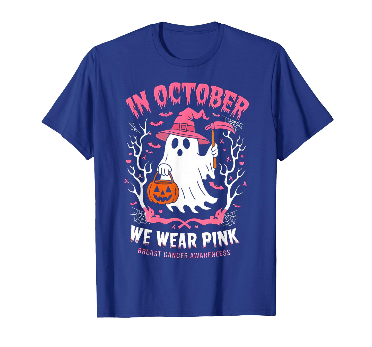 in October We Wear Pink Ghost Witch Breast Cancer Awareness T-Shirt