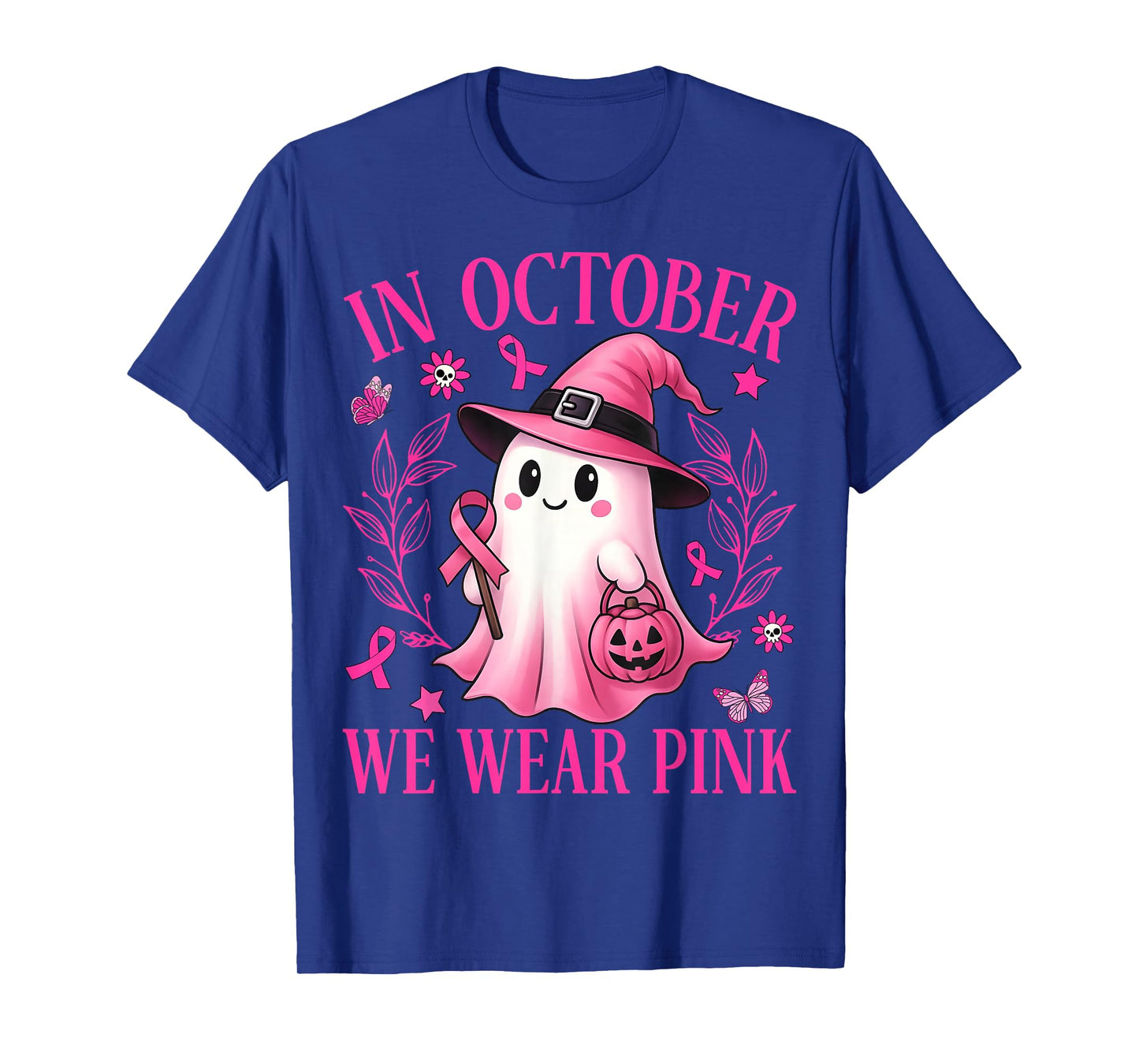 In October We Wear Pink Ghost Witch Breast Cancer Awareness T-Shirt
