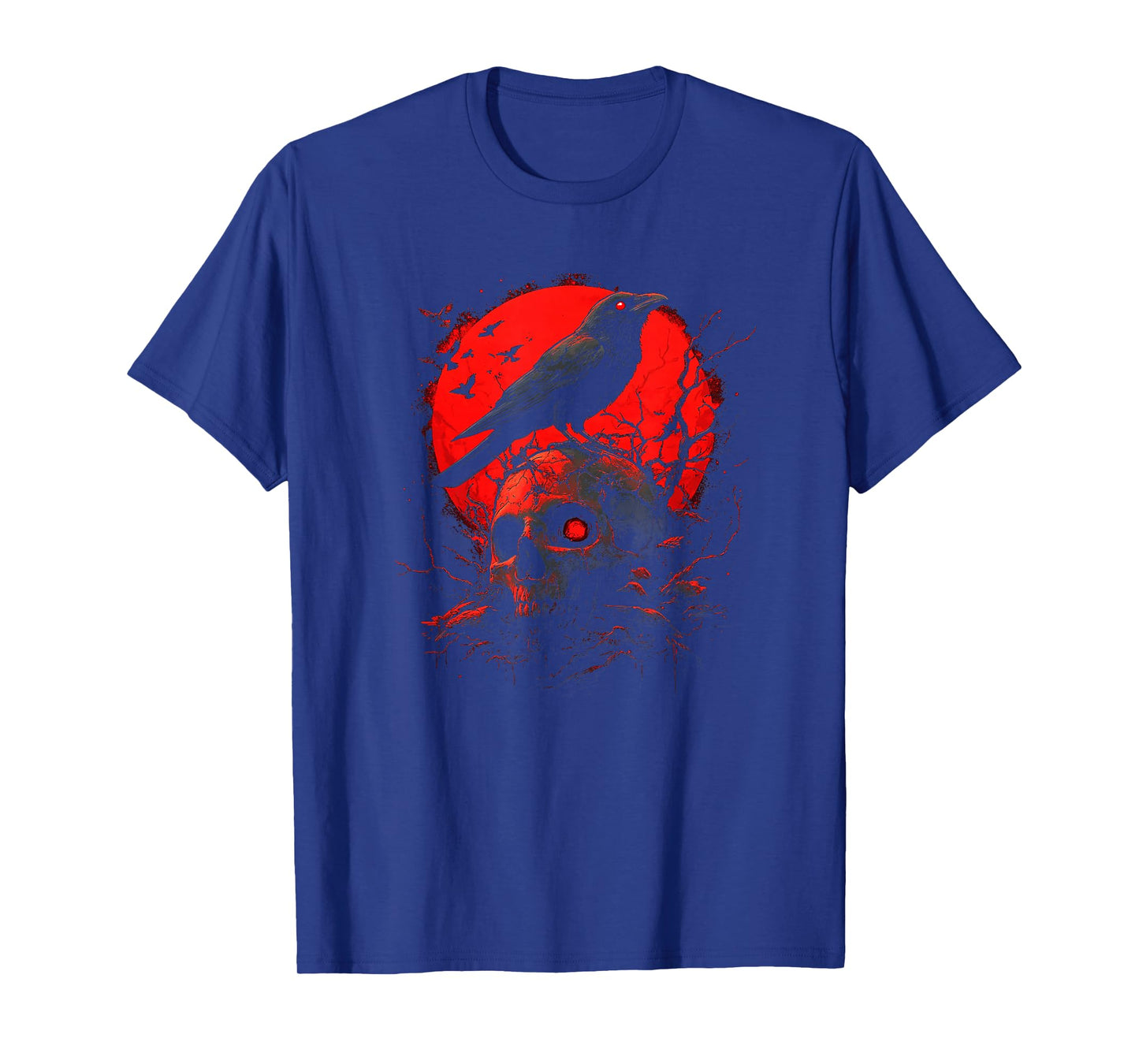 Black Gothic Raven Skull Red Moon Graphic Black Crow T-Shirt