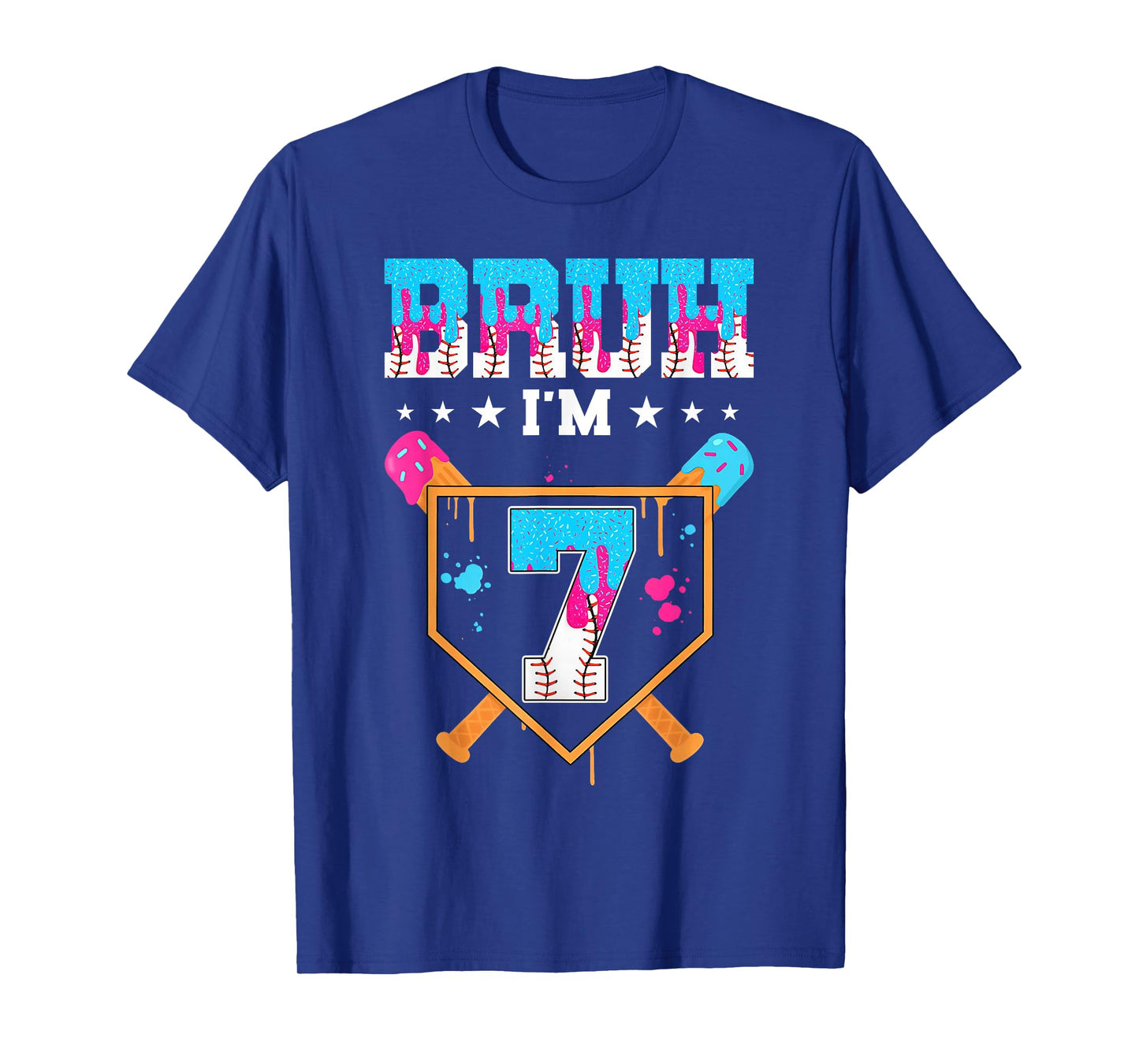 Bruh 7th Birthday Boy Baseball Ice Cream Drip 7 Year Old Boy T-Shirt