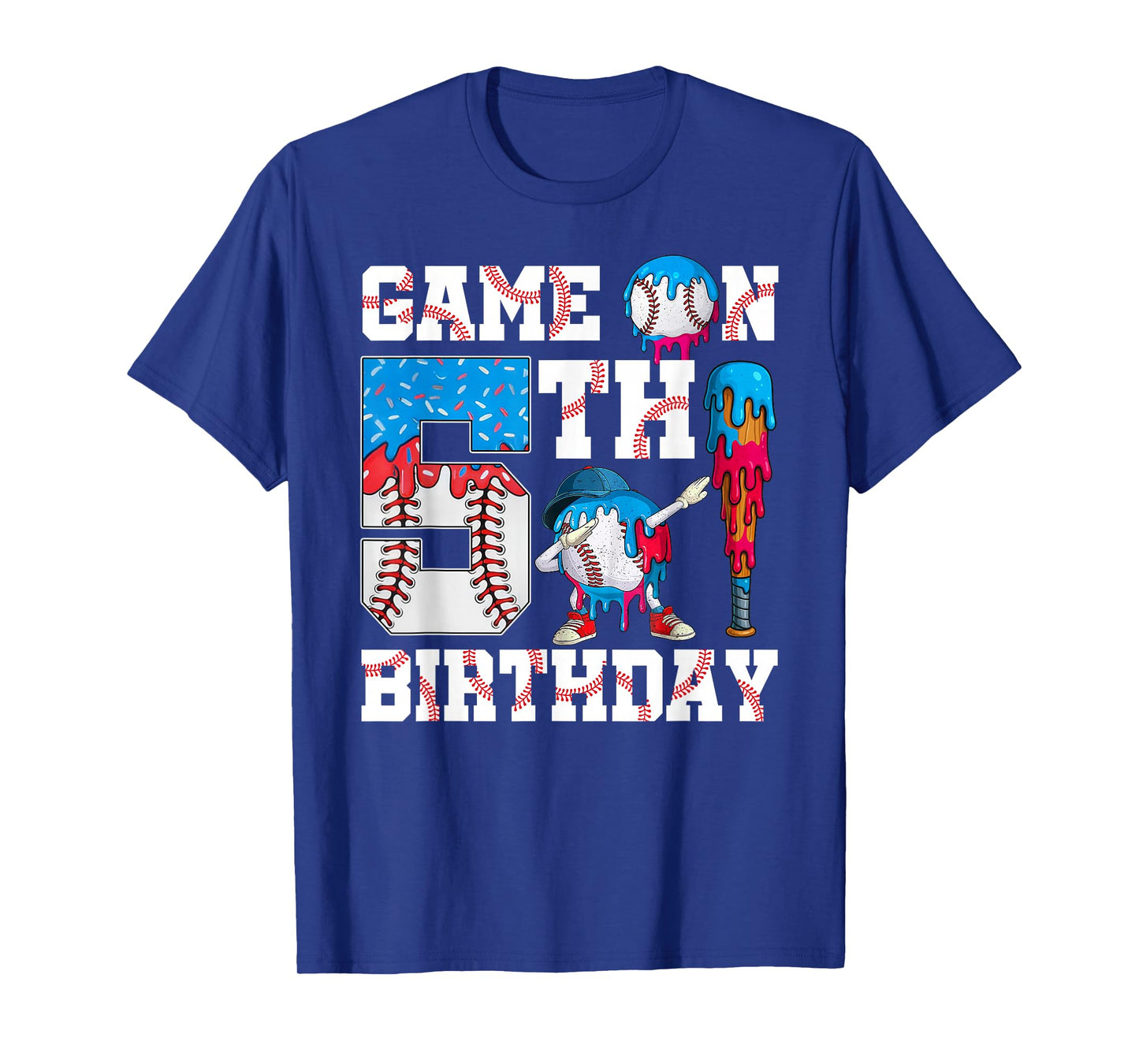 Game On I'm 5th Birthday Baseball Drip Ice Cream 5 Year Old T-Shirt