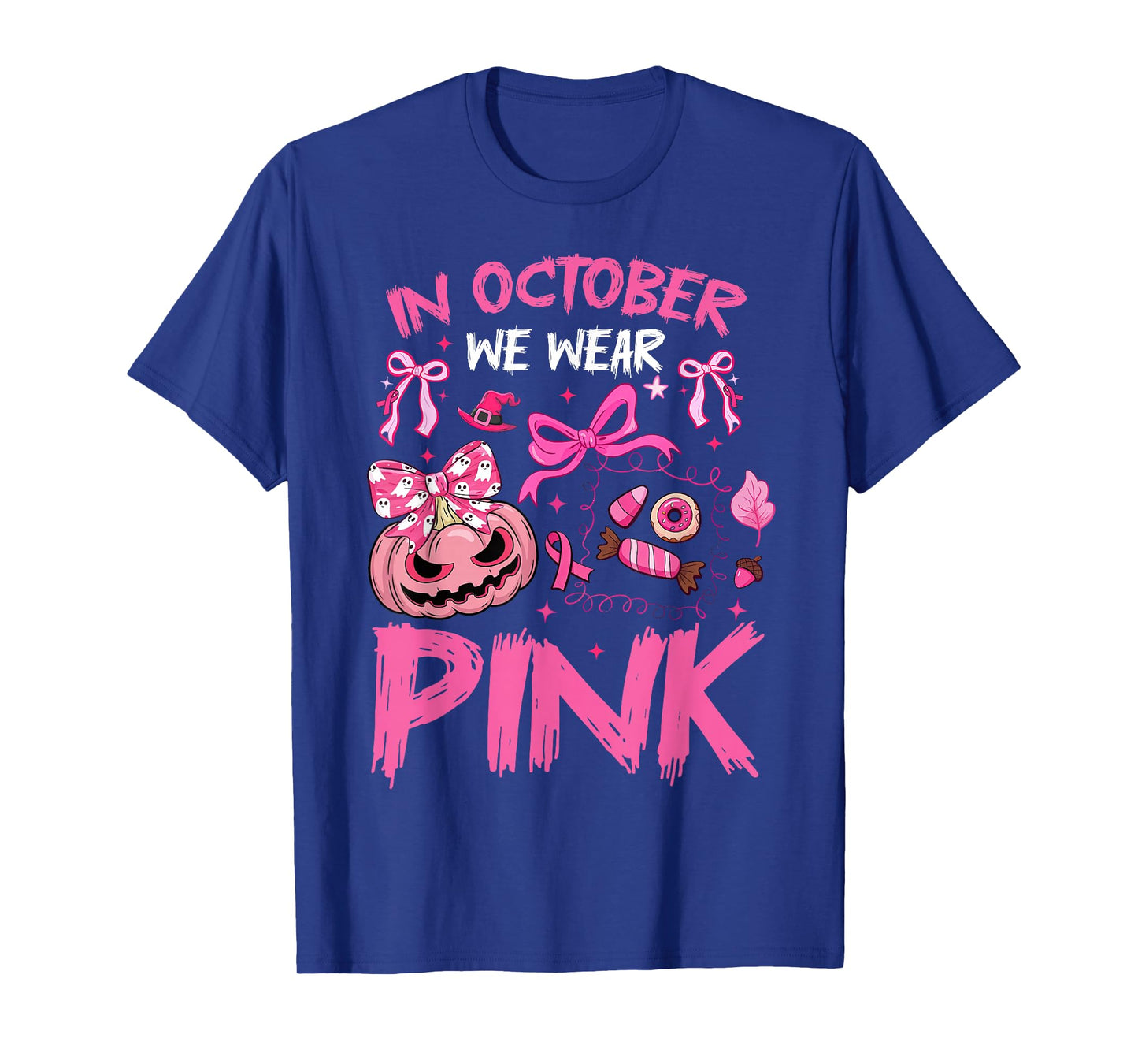 in October We Wear Pink Halloween Breast Cancer Awareness T-Shirt