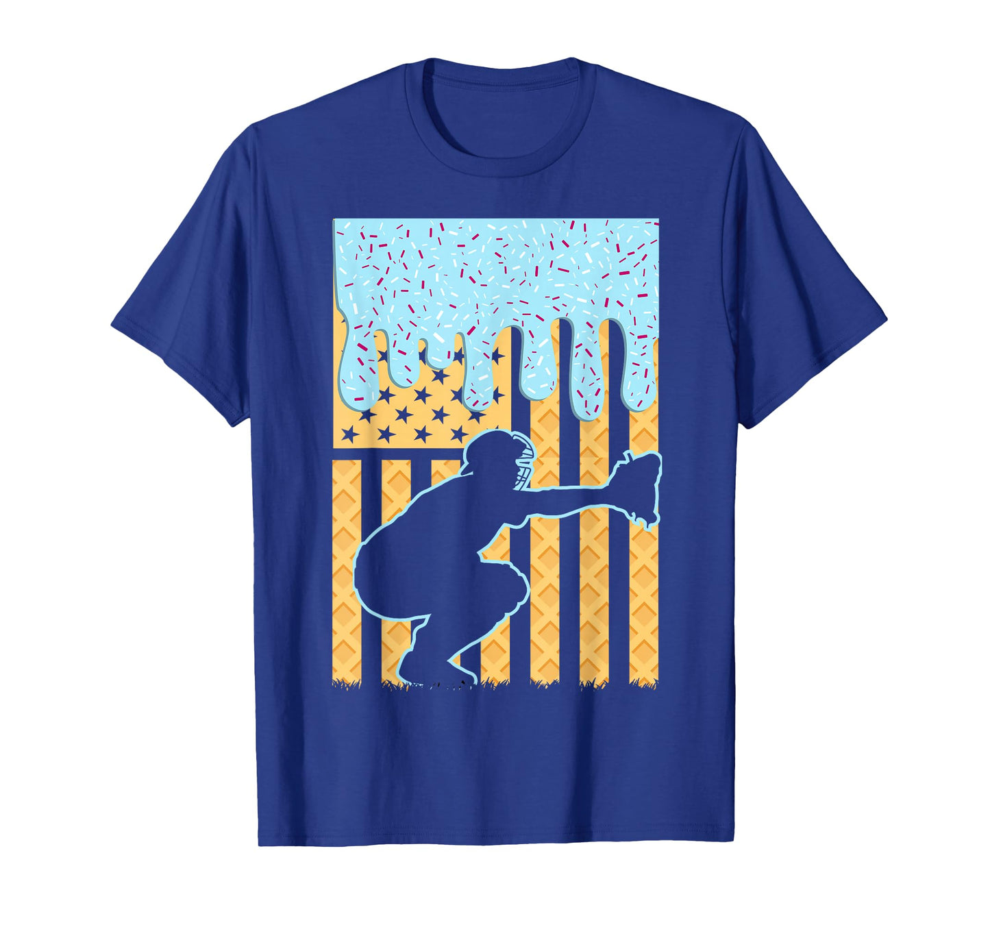 Ice Cream Baseball Drip Boys Catcher American Flag 4th July T-Shirt