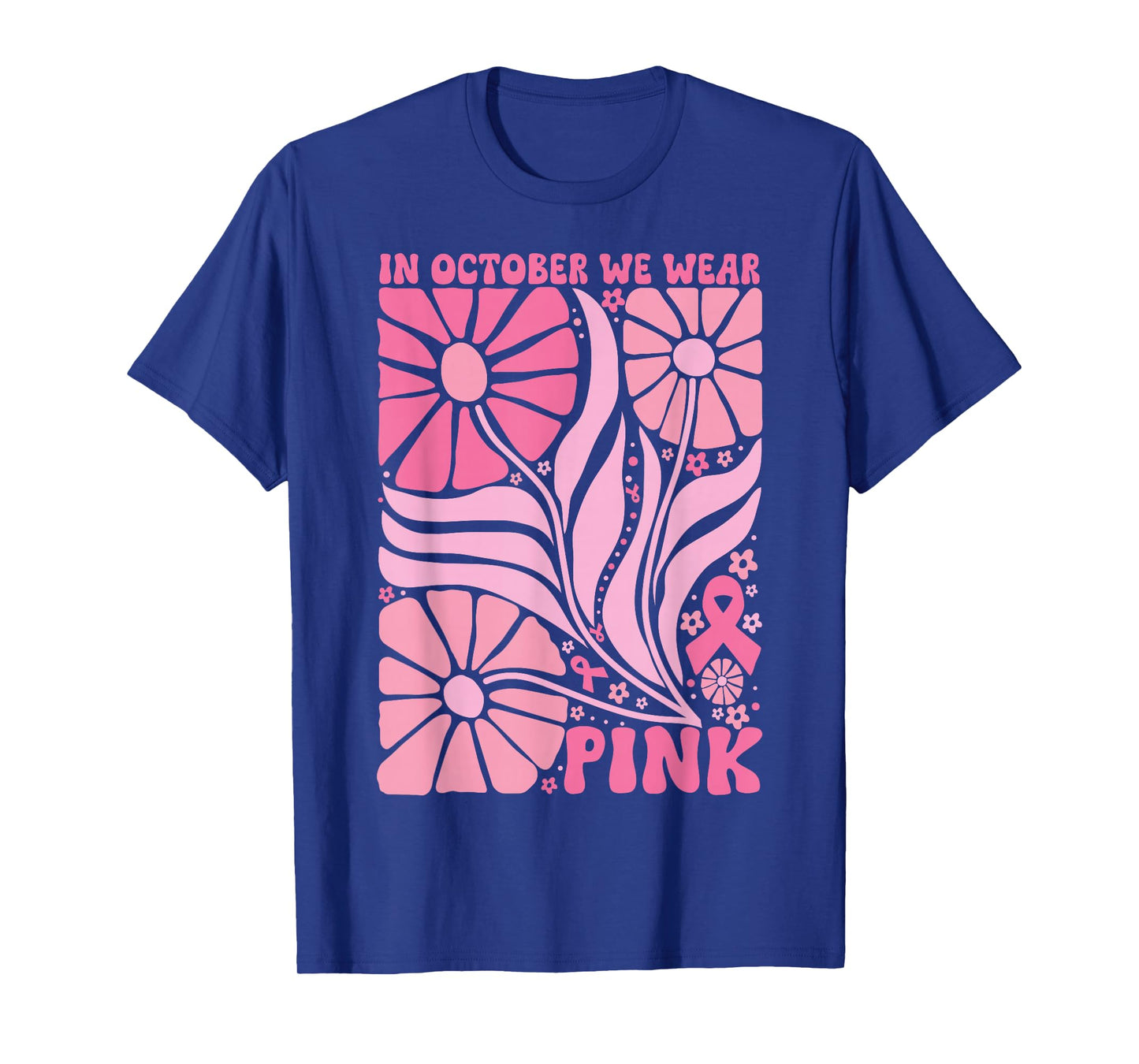 in October We Wear Pink Breast Cancer Awareness Boho Flowers T-Shirt