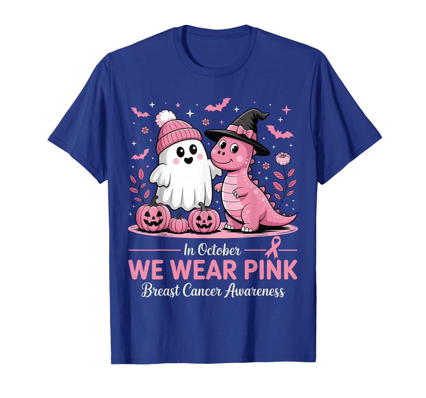 in October We Wear Pink Ghost Witch Dinosaur Breast Cancer T-Shirt