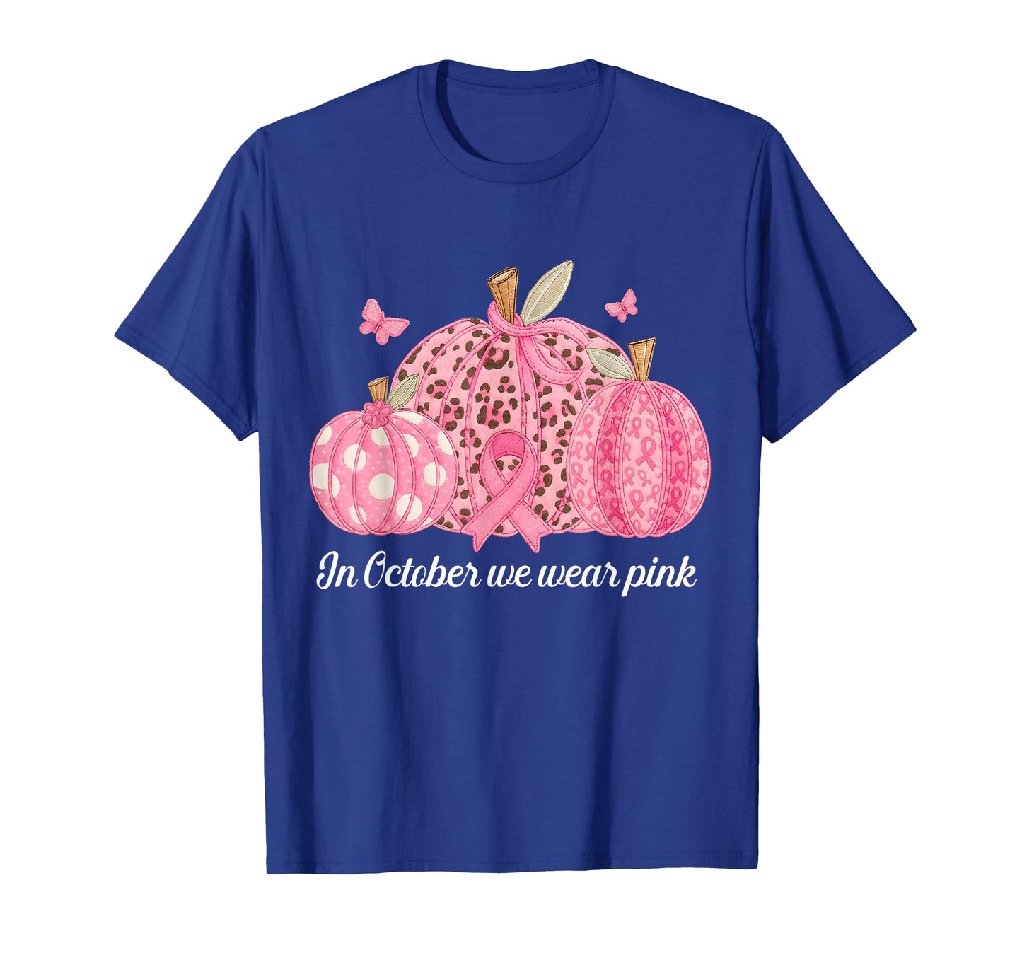 in October We Wear Pink Pumpkins Patchwork Breast Cancer T-Shirt