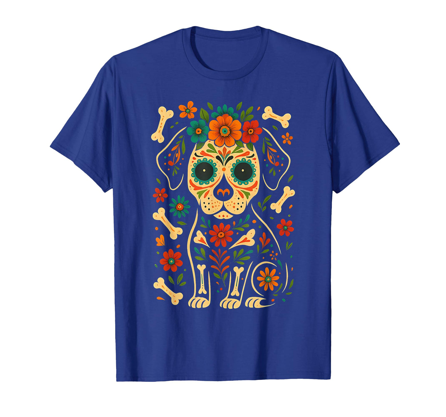 Mexican Dog Day of The Dead Skeleton Sugar Flowers Dogs T-Shirt