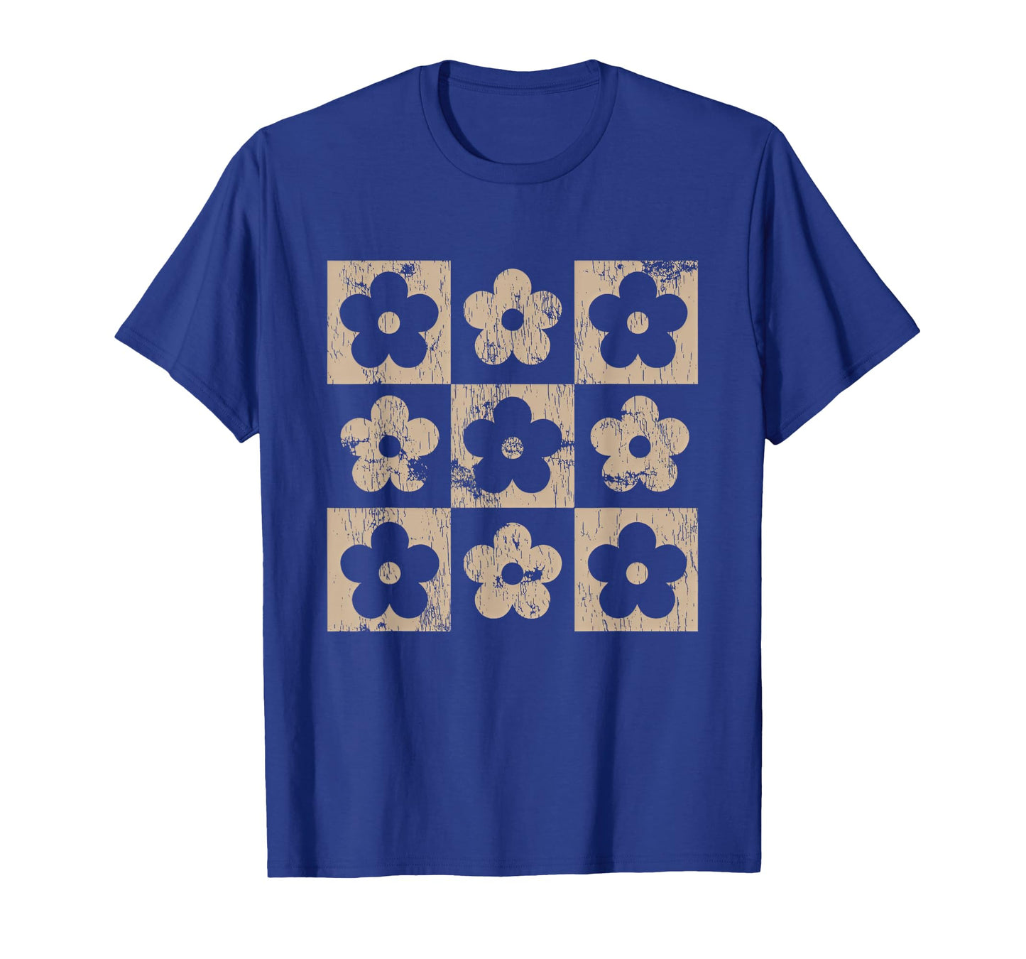 Neutral Checkerboard Daisy Flowers Retro Boho Floral Women T-Shirt