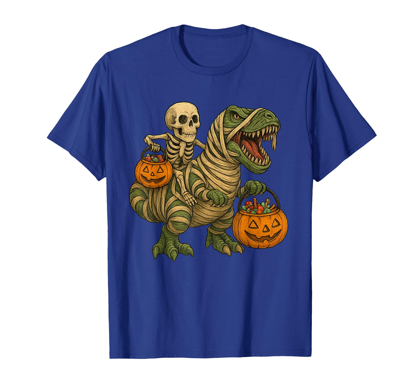 Skeleton Riding Mummy Dinosaur T Rex Halloween Funny Pumpkin T-Shirt